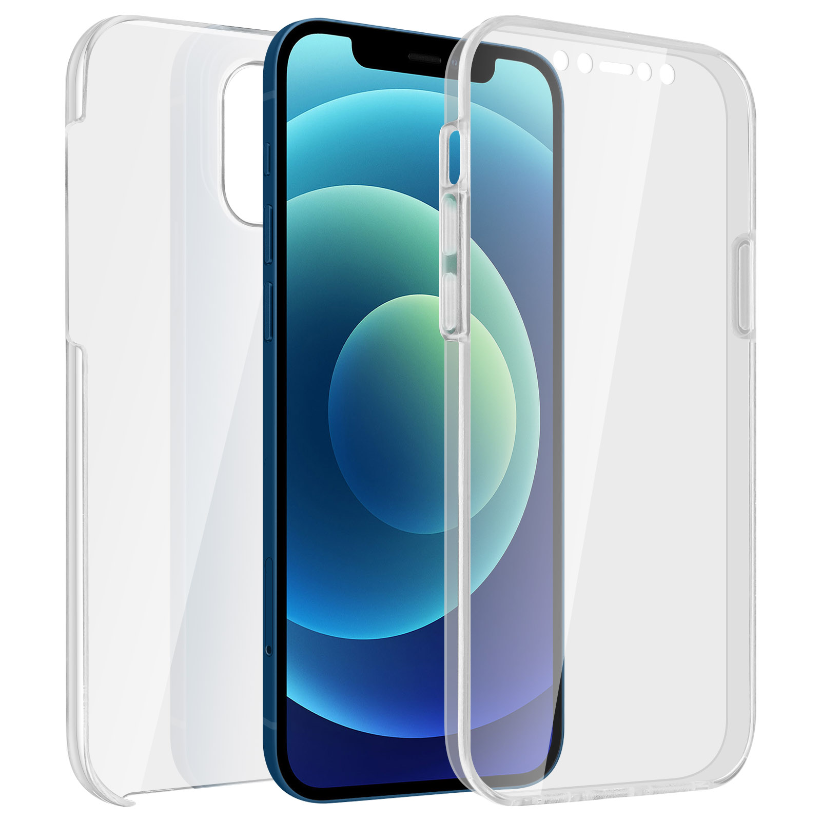 Transparante telefoonhoes. De telefoon staat in het midden. De hoes bedekt de achterkant en zijkanten.