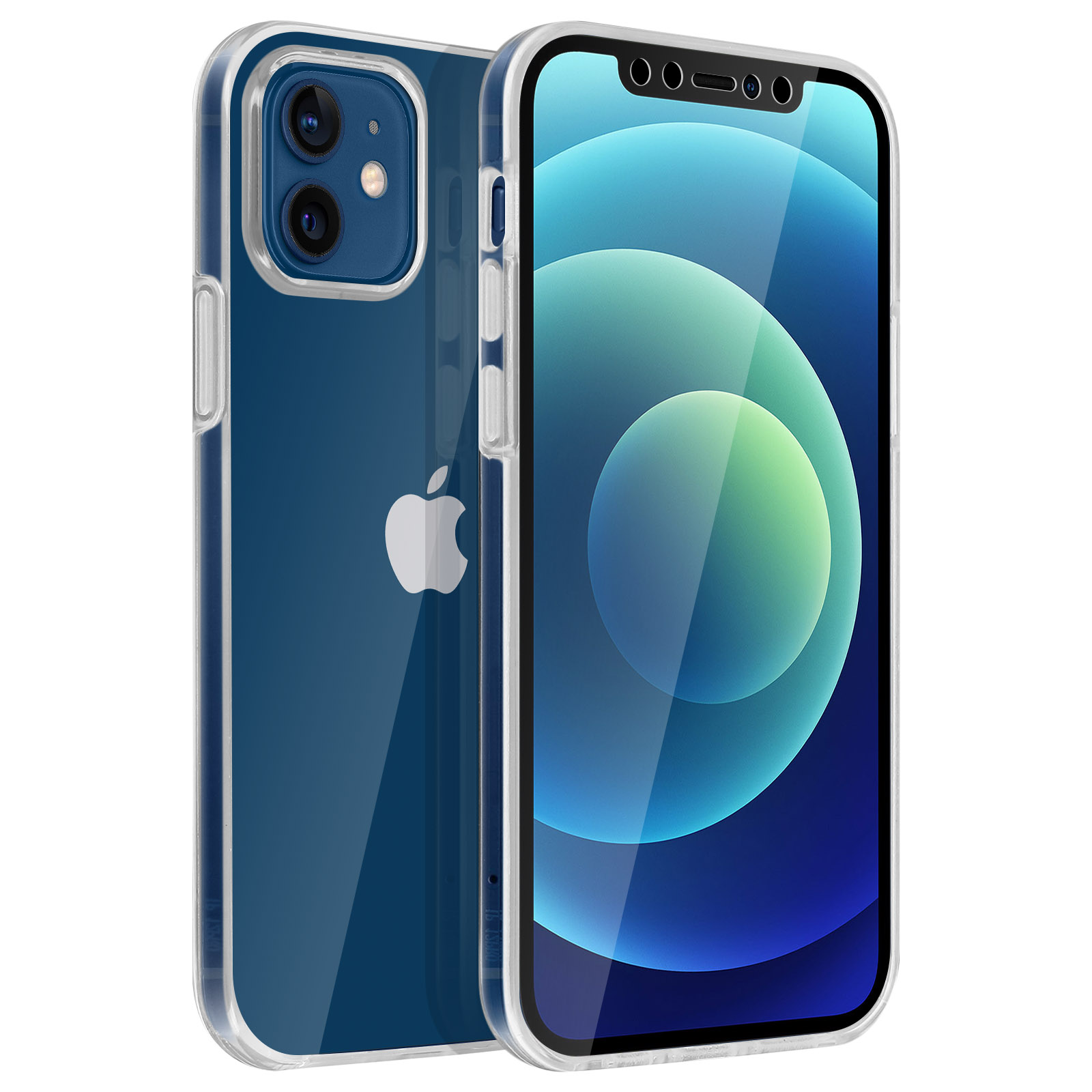 Een blauwe iPhone in een transparante hoes naast een andere iPhone.