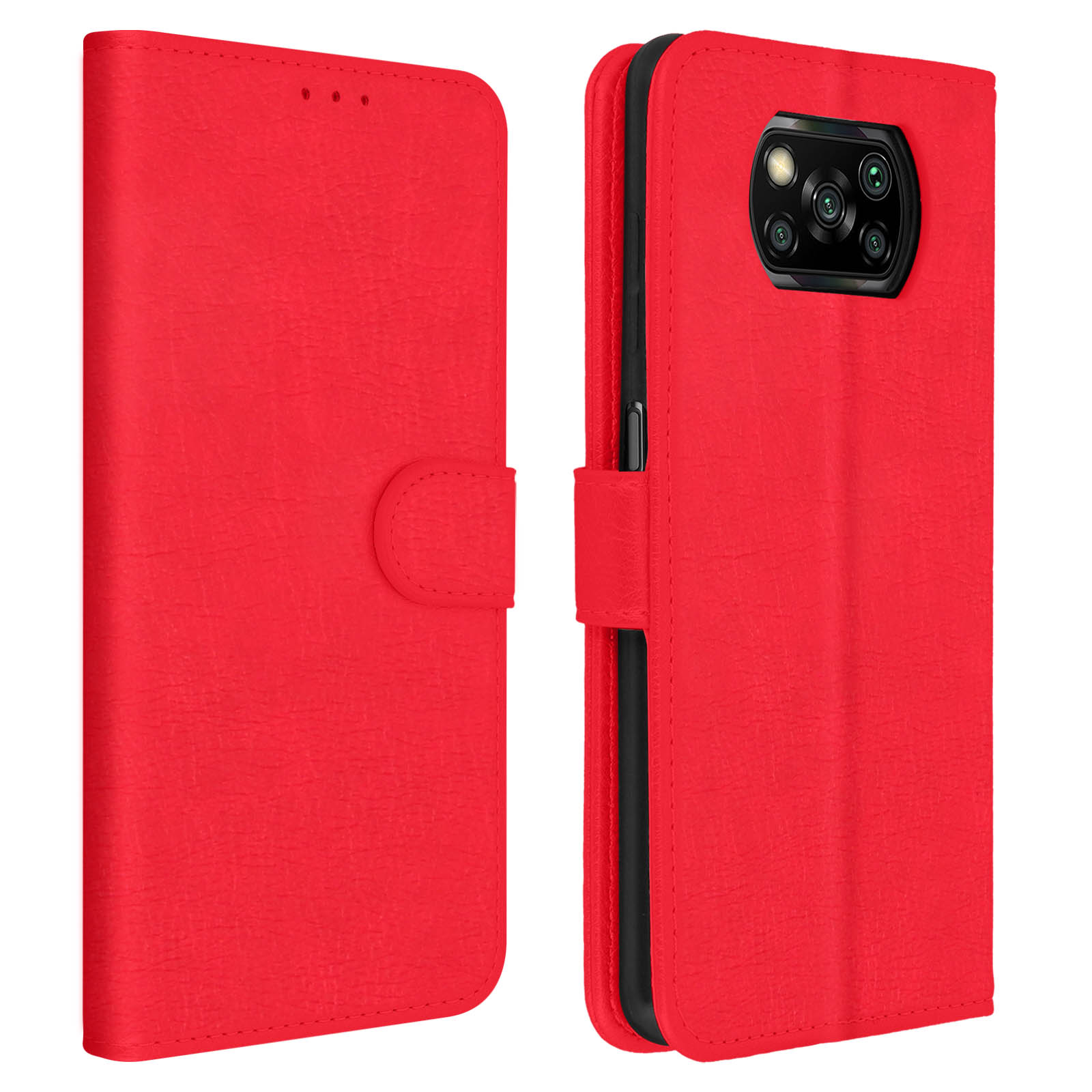 Una custodia per telefono rossa aperta, con il telefono a destra. Tre slot per schede visibili. Texture rossa.