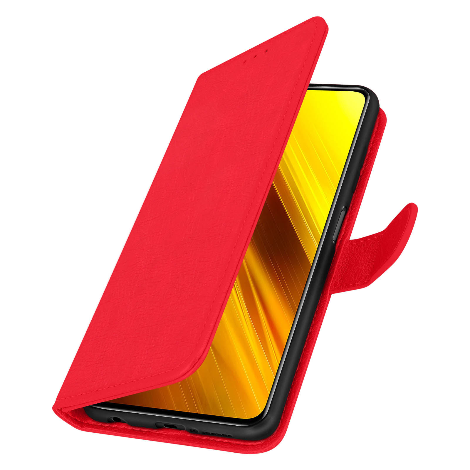 Custodia rossa per telefono aperta con telefono. La custodia ha superficie strutturata e chiusura.