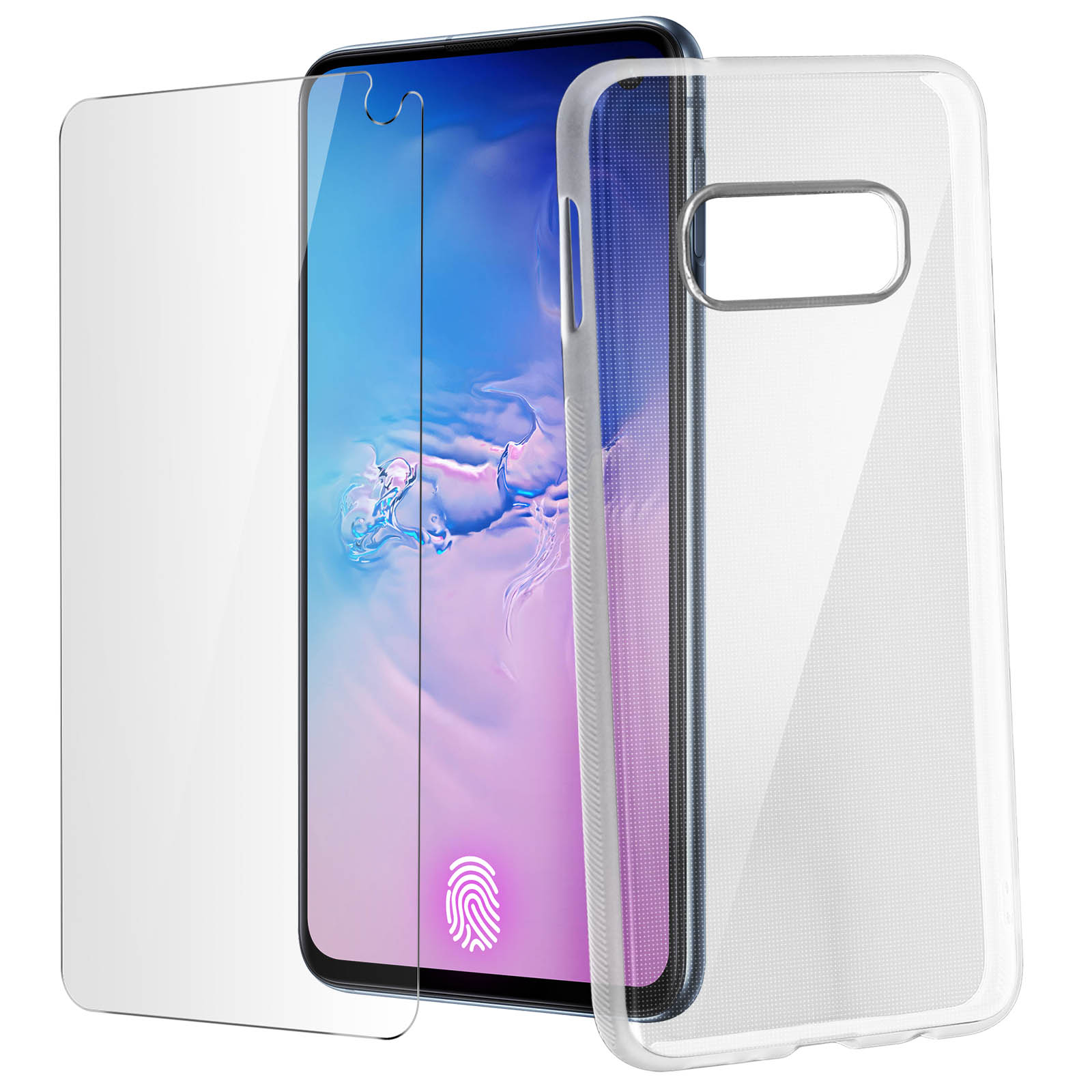 Protezione schermo e custodia per telefono su un telefono. Sfondo bianco.