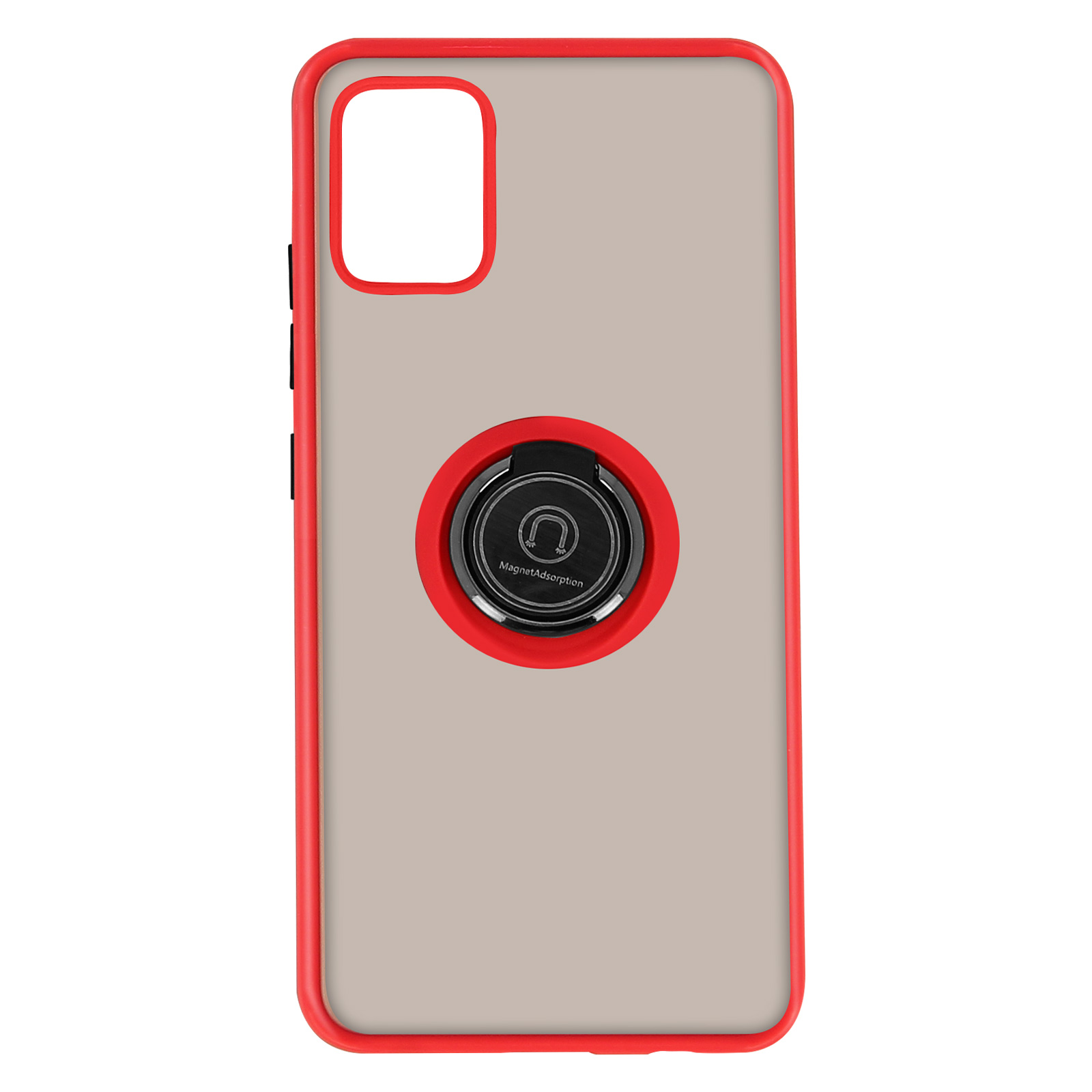 Coque de téléphone, dos transparent avec anneau, cadre rouge.