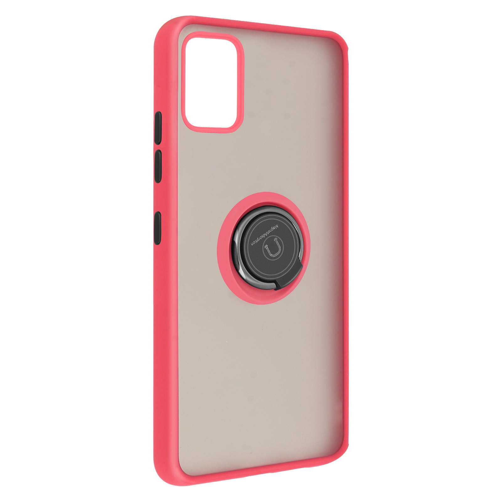 Rode telefoonhoes met ringhouder. Telefoonhoes op blauw oppervlak. Bovenaanzicht.