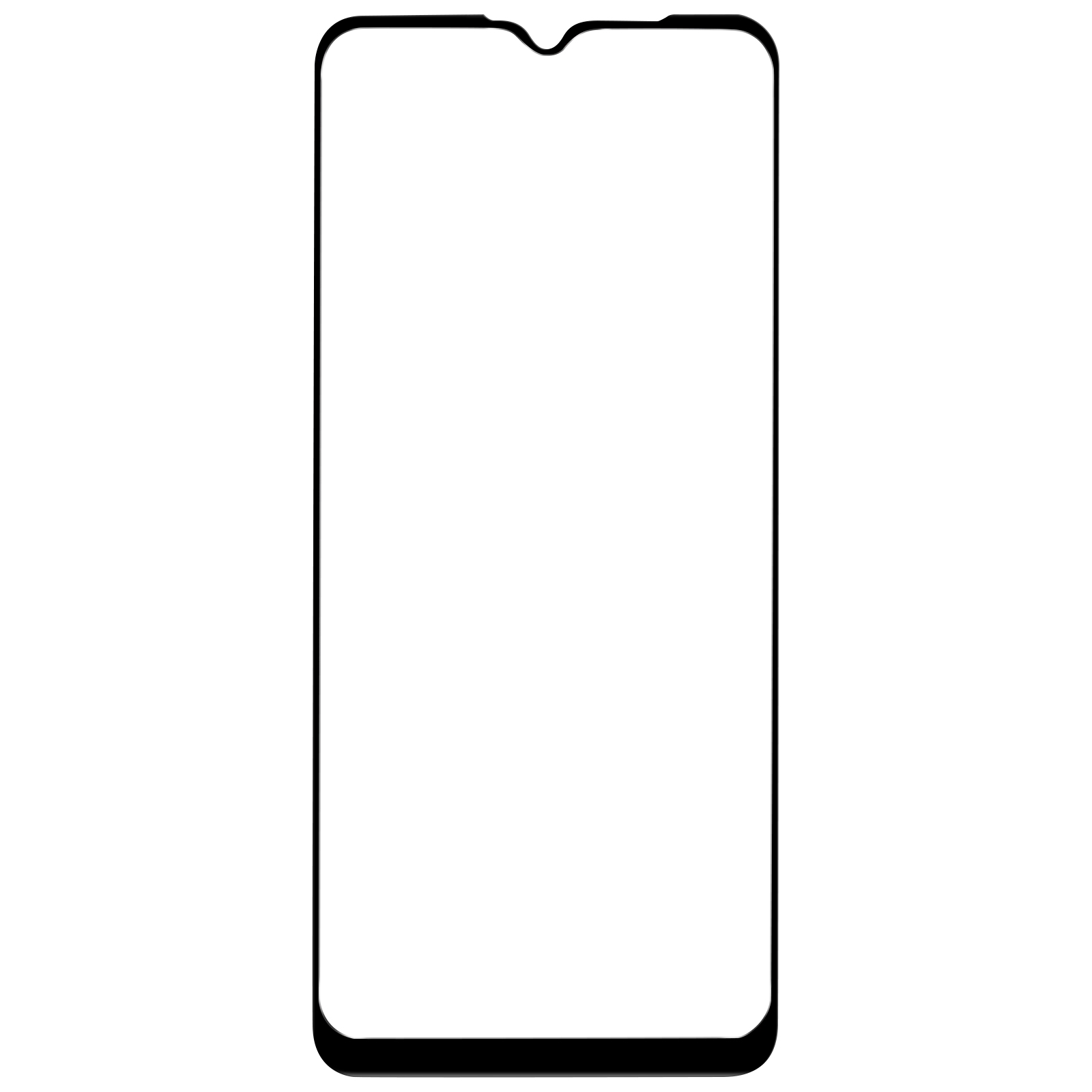 Un proteggi schermo per smartphone. Ha un bordo nero e un notch in alto. L'interno è bianco.