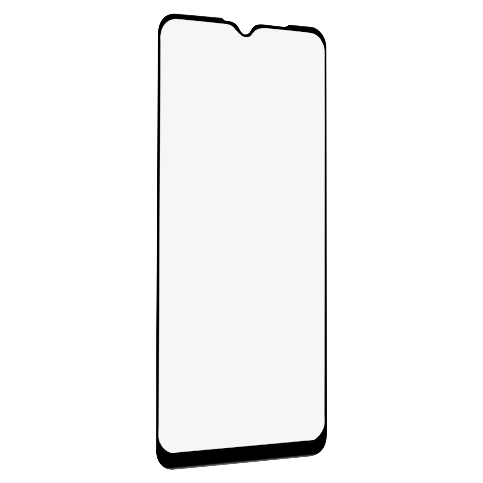 Un proteggi schermo per smartphone. Ha angoli arrotondati, un bordo nero e un display bianco vuoto.