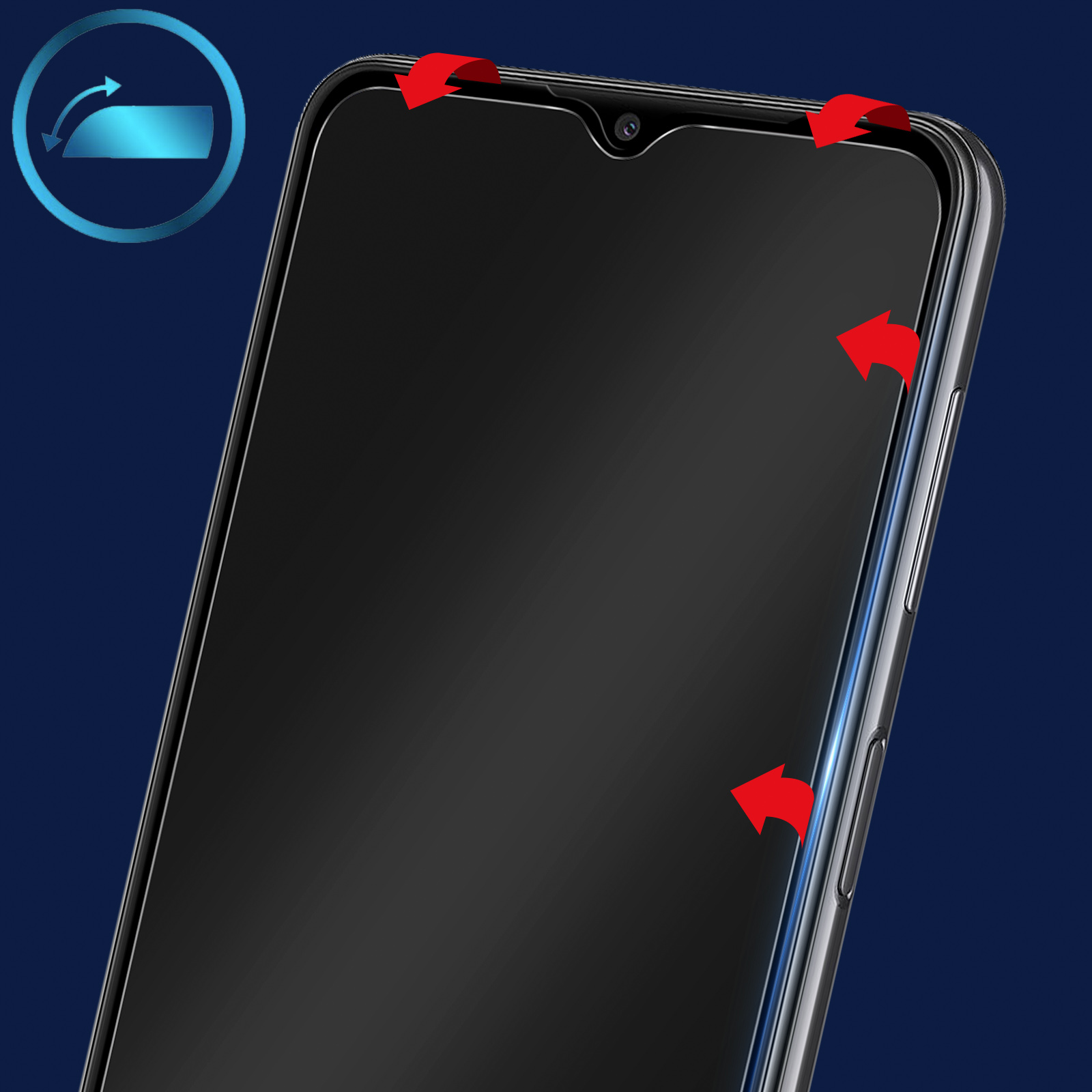 Applicazione di una protezione per schermo del telefono. Frecce rosse indicano la direzione. Sfondo blu con icona blu.