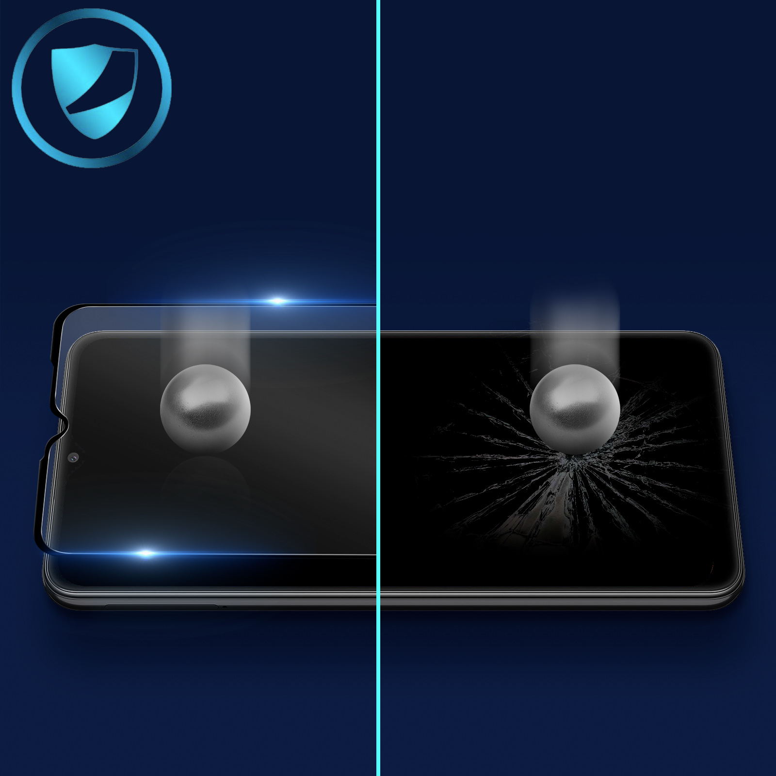 L'immagine mostra uno schermo del telefono diviso, un lato protetto da una protezione. Una sfera di metallo colpisce entrambi i lati, uno incrinato.