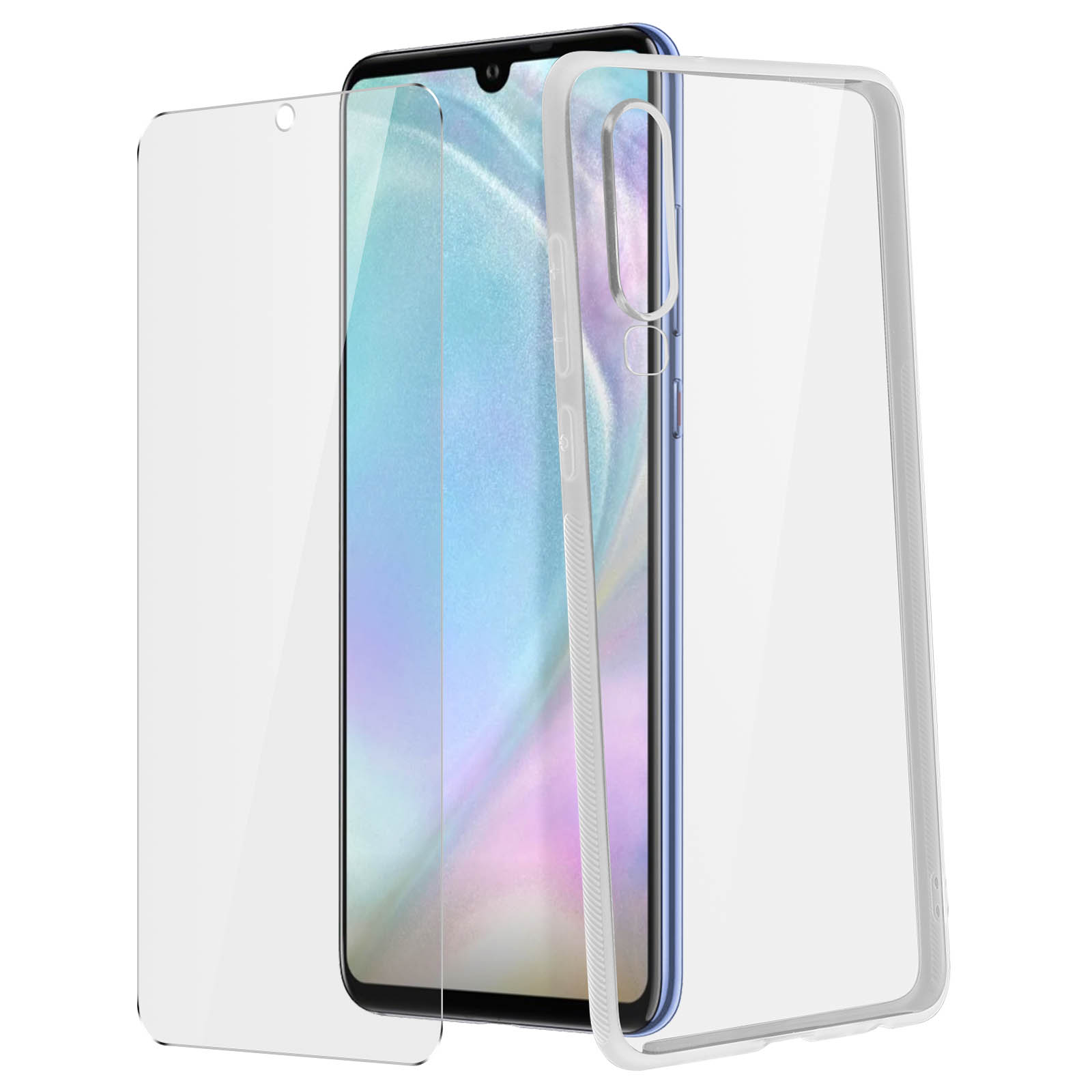 Ein Telefon mit Displayschutz und transparenter Hülle, auf weißem Hintergrund.