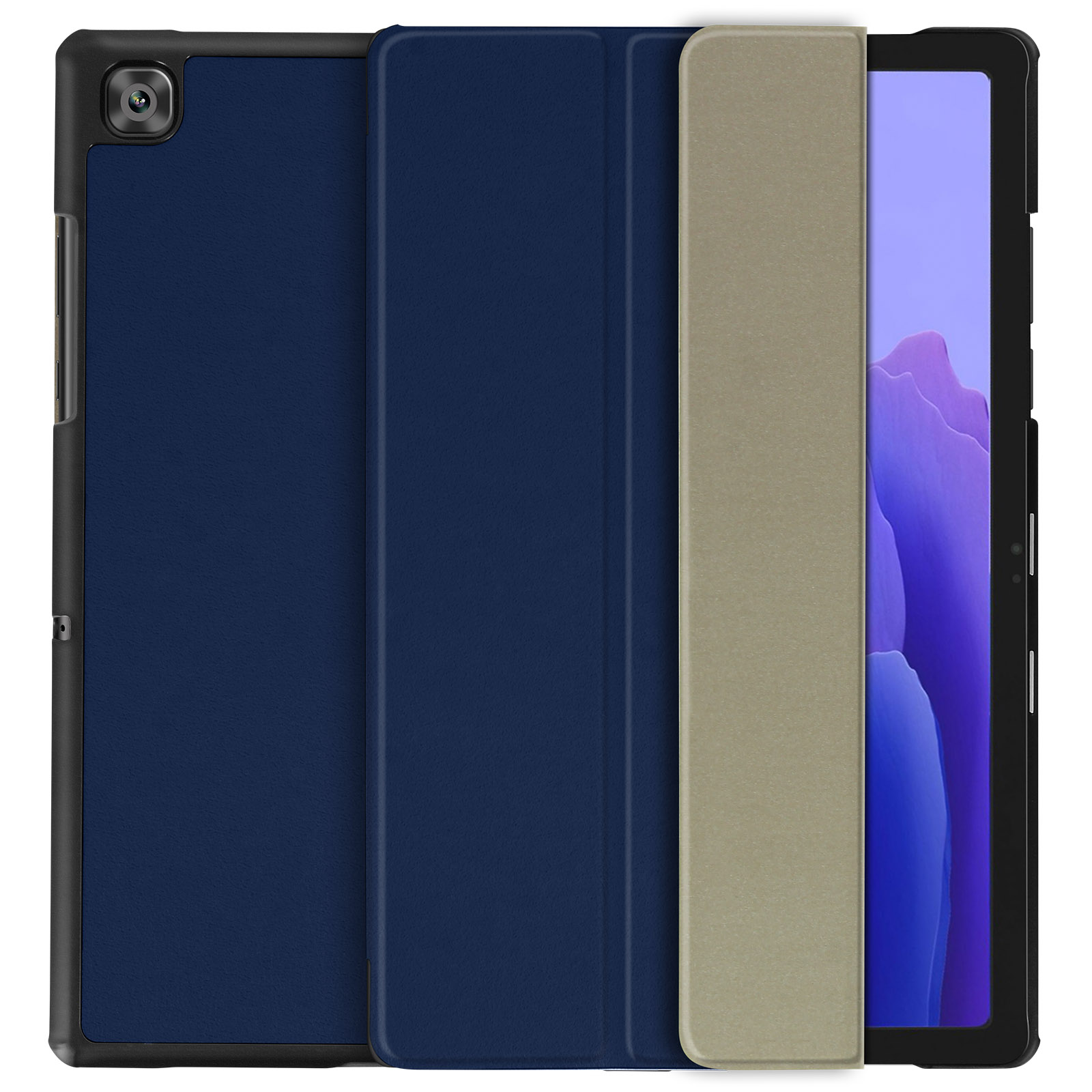 Un tablet in una custodia blu, aperto a destra. Lo schermo mostra un'immagine viola.