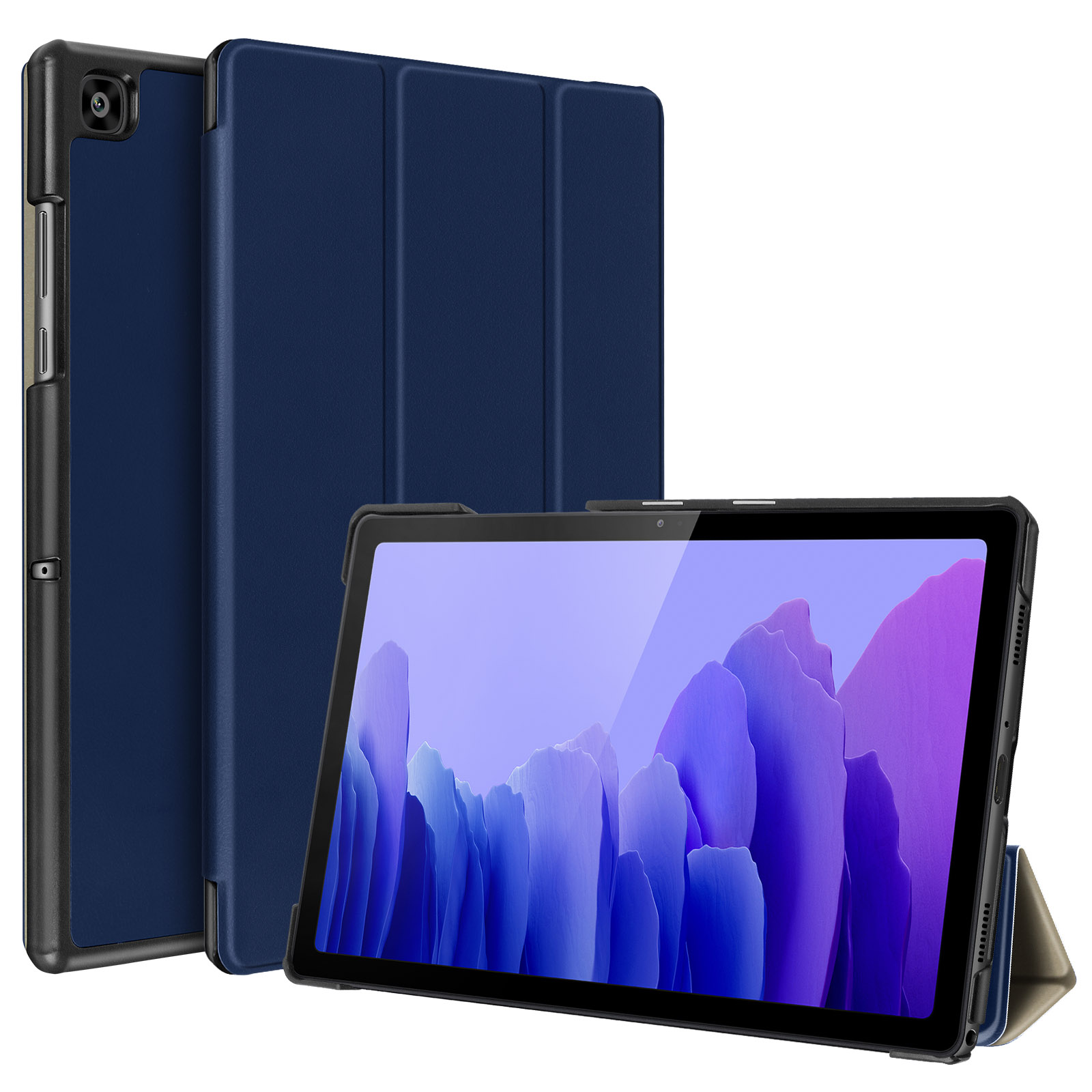 Una custodia blu per tablet, con un tablet all'interno, è mostrata in più viste, con sfondo scuro.