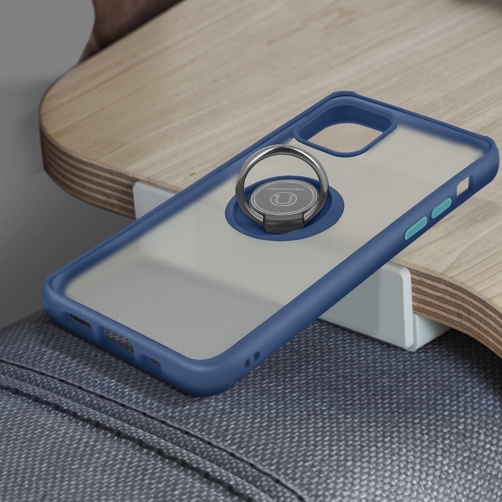 Custodia per telefono con cornice blu e anello di supporto.