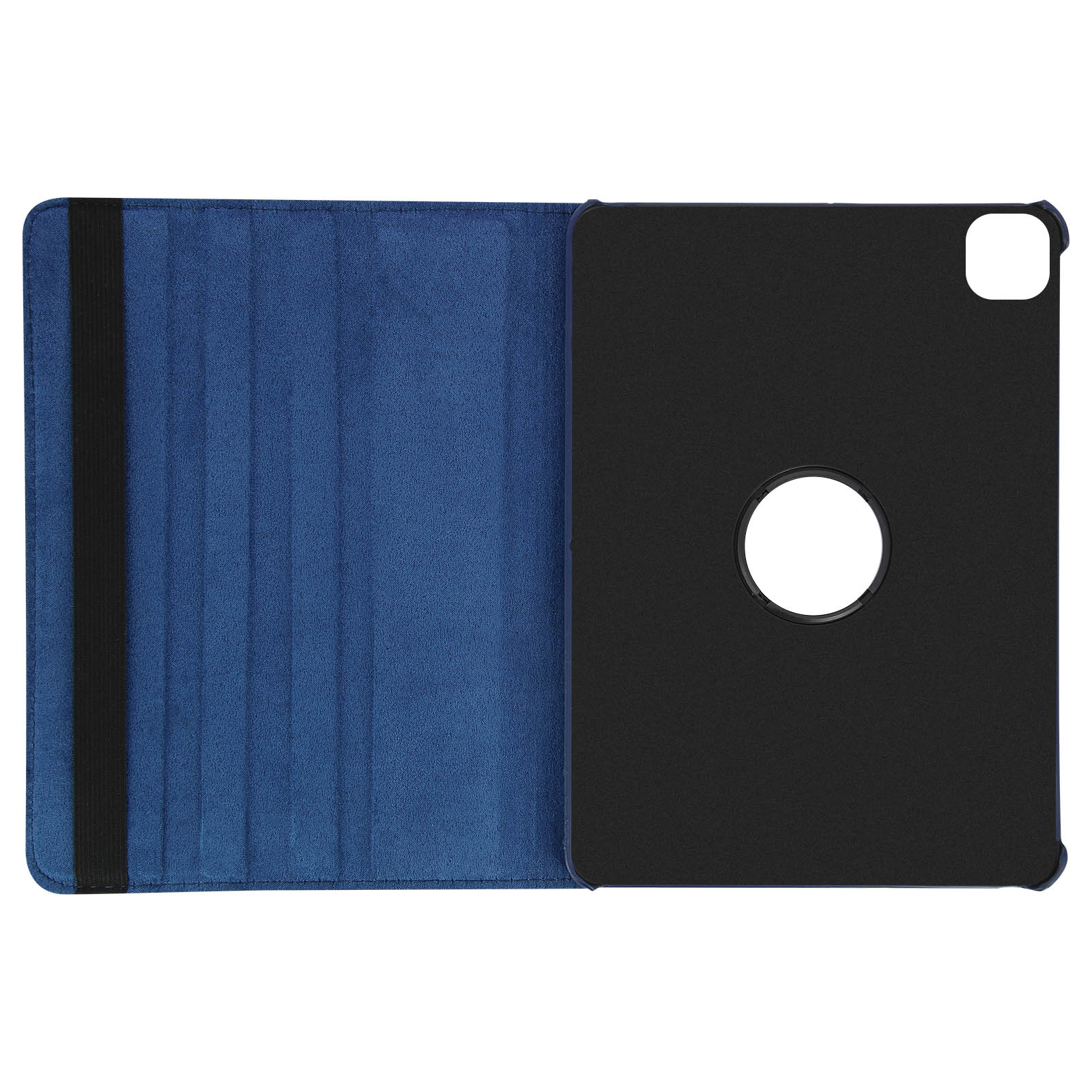 Una custodia blu per tablet aperta per rivelare un tablet. L'interno è nero e ha un grande foro.