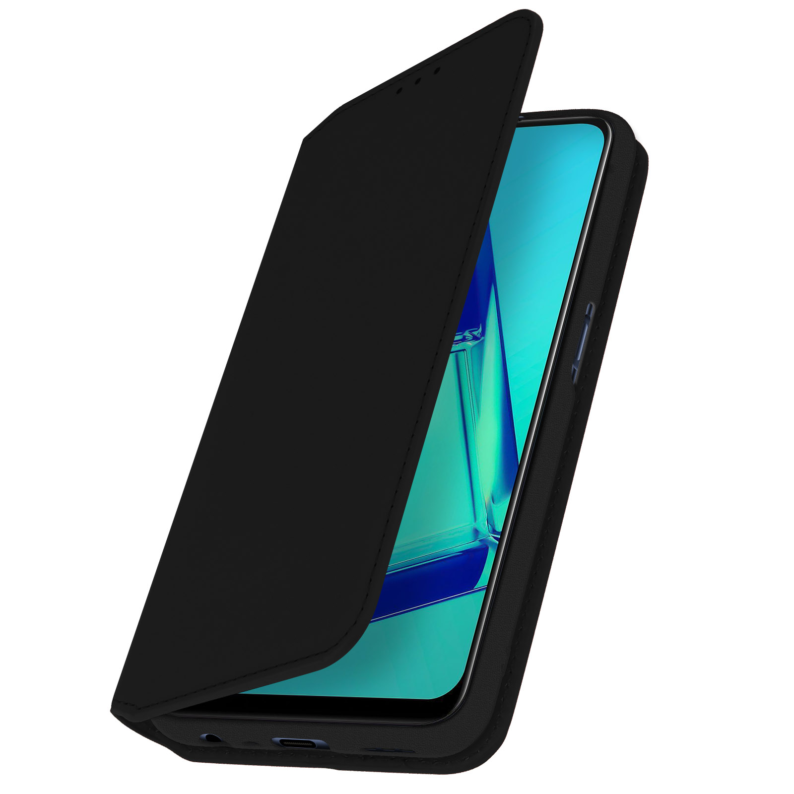 Un étui de téléphone noir avec un téléphone à l'intérieur, l'étui est ouvert et incliné. L'écran du téléphone est visible.