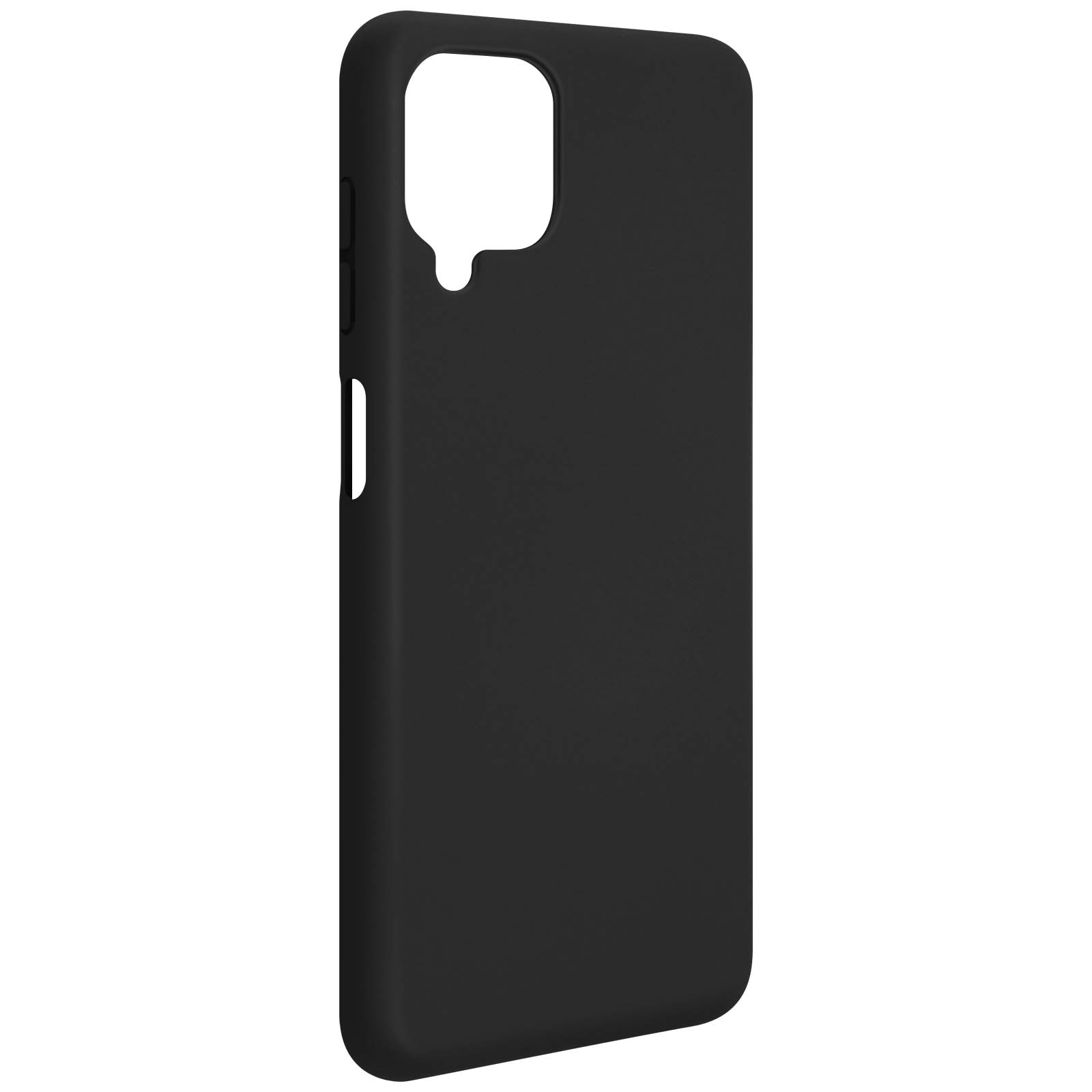 Una custodia per telefono nera con ritagli per fotocamera e pulsanti, vista in prospettiva.