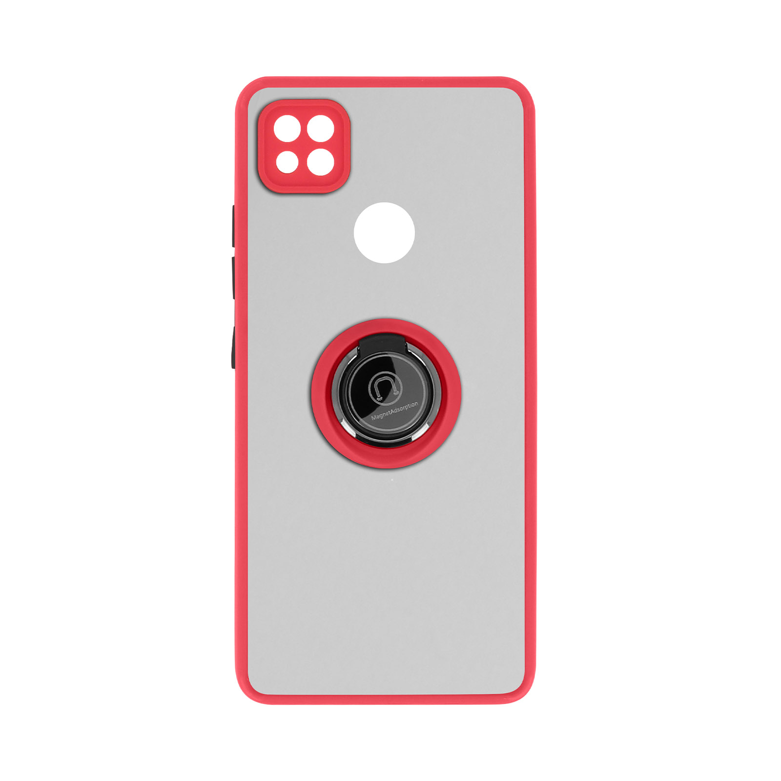 Telefoonhoesje, grijze achterkant, rode rand, met ring en camera, witte achtergrond.