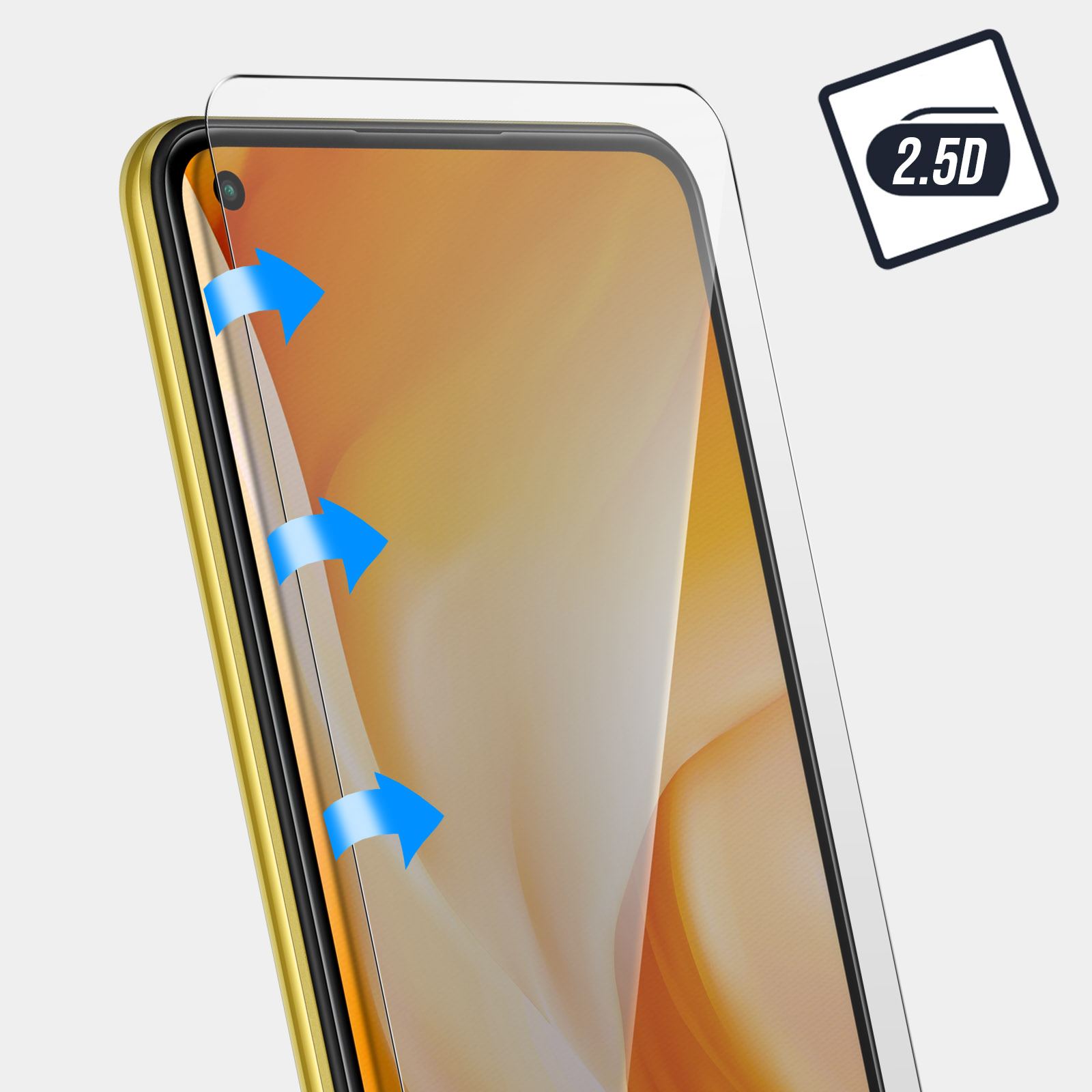 Telefoonscherm met beschermer, blauwe pijlen die de toepassing aangeven.