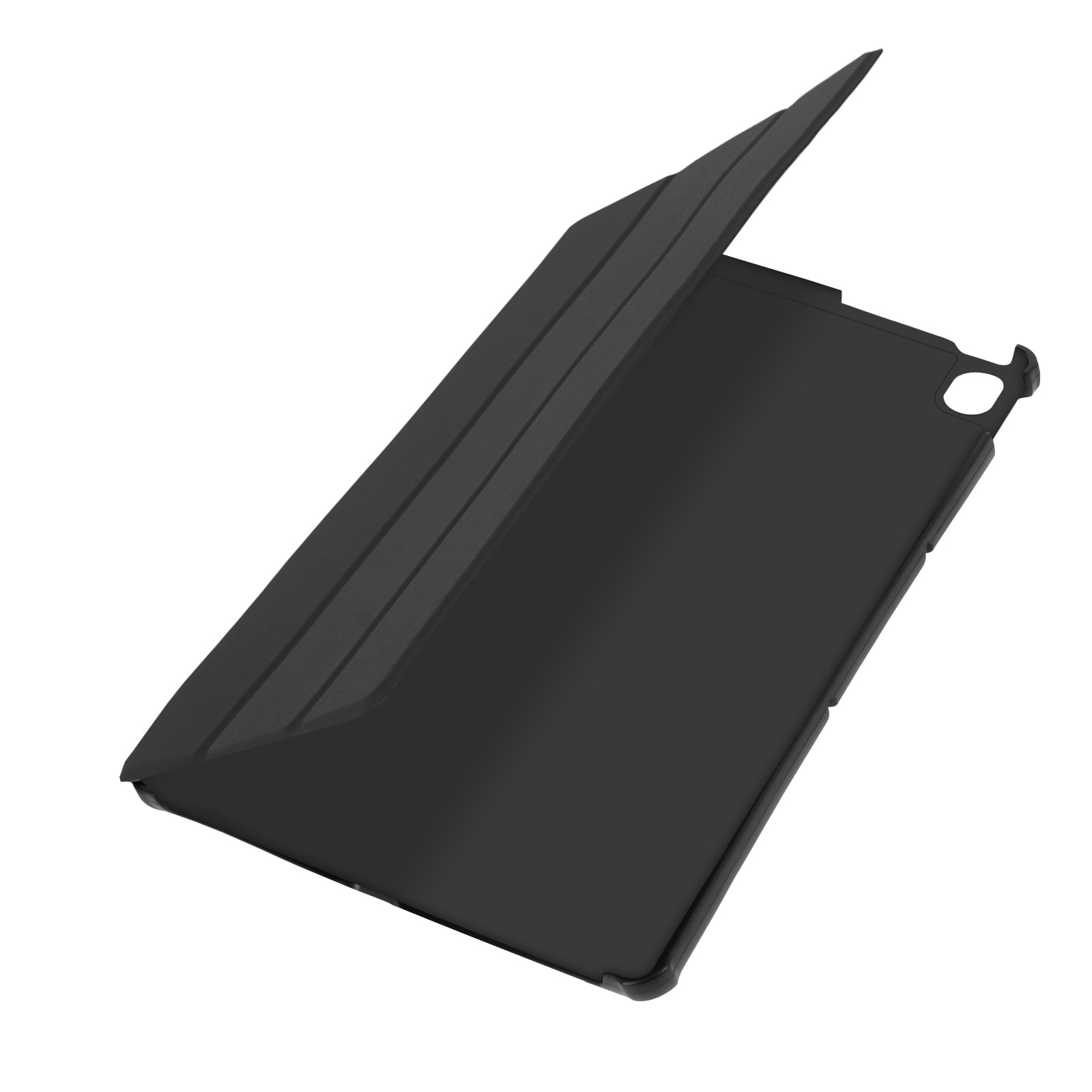 Custodia per tablet nera con coperchio aperto. È realizzata in plastica dura e ha una finitura opaca.