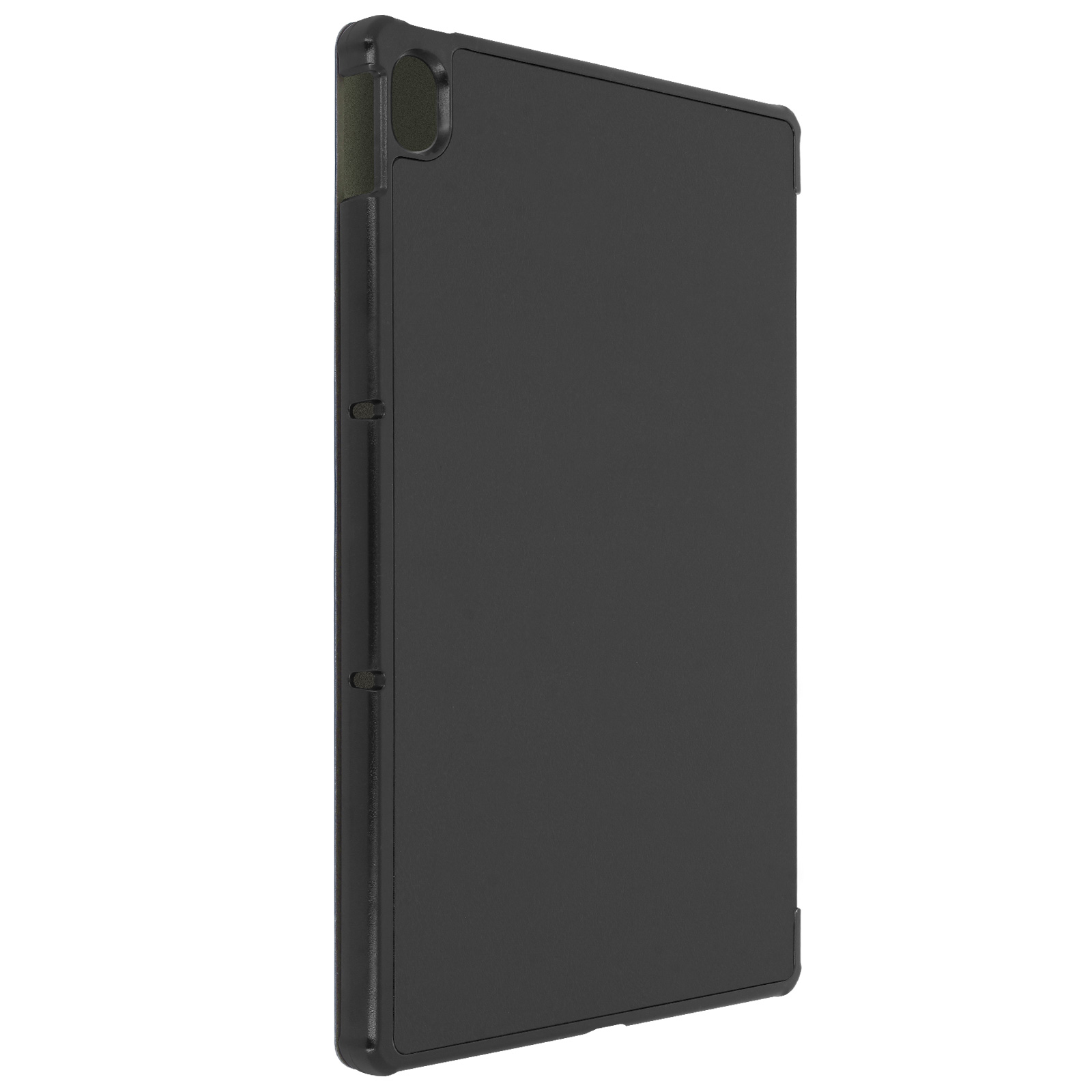 Una custodia per tablet nera. La custodia è chiusa e lo sfondo è bianco. La custodia è di lato.