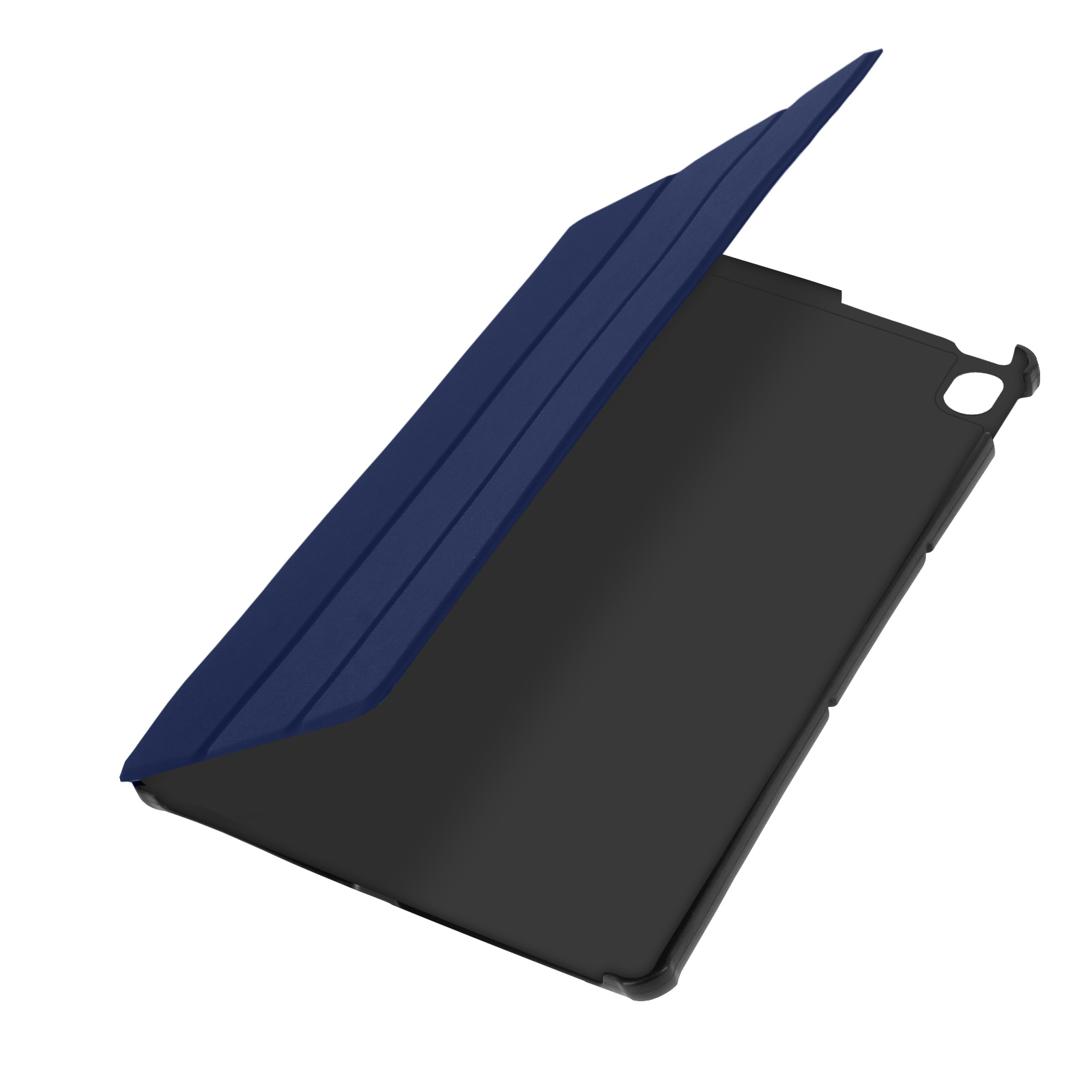 Custodia per tablet blu e nera, aperta, su sfondo bianco.