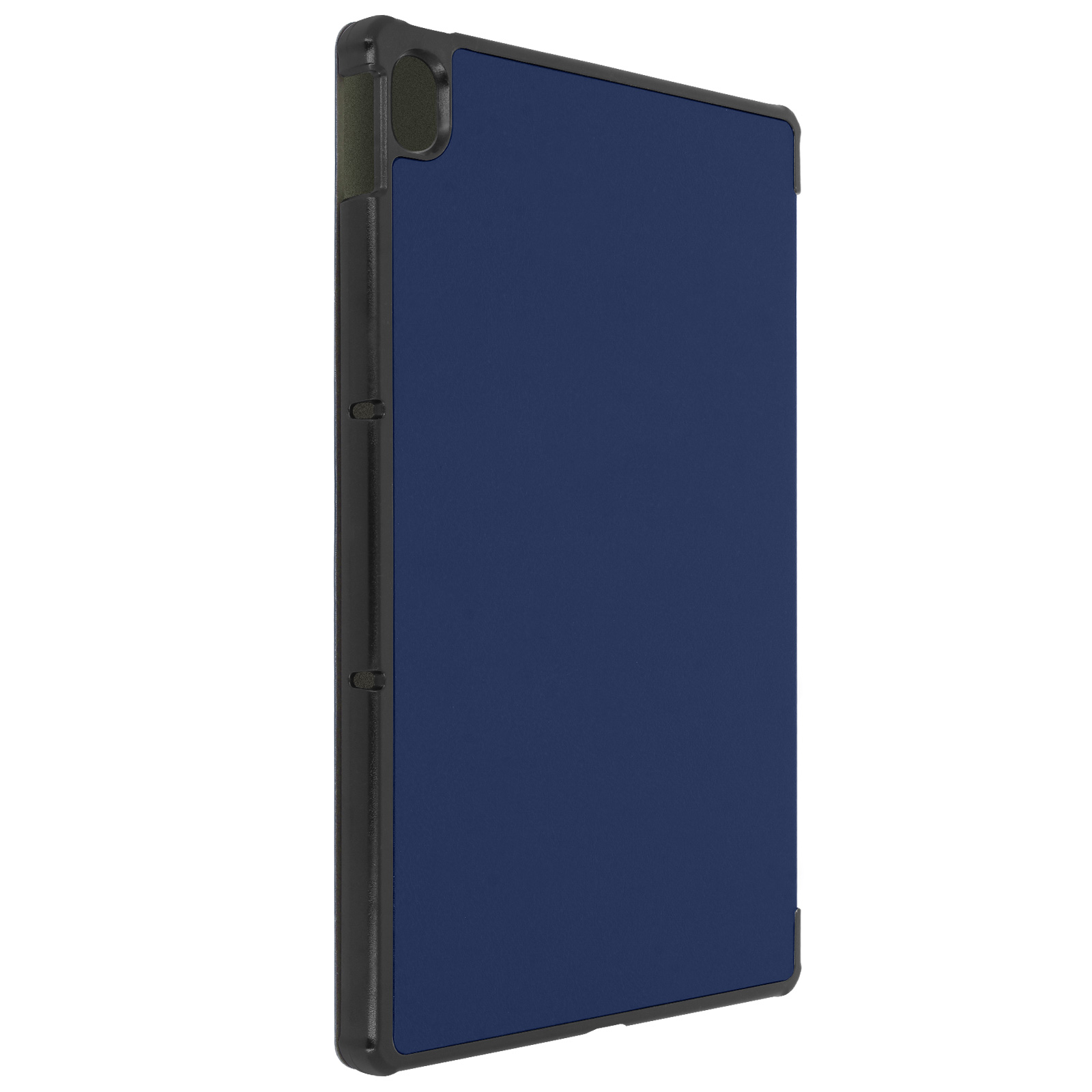 Una custodia blu per tablet con cornice nera è mostrata di lato. Lo sfondo è bianco.