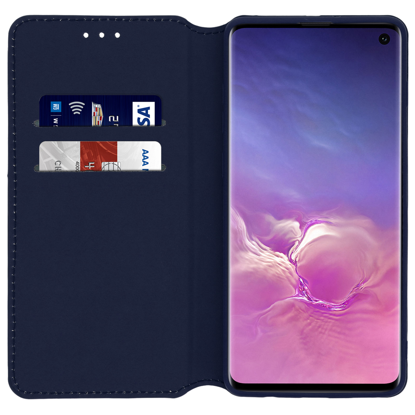 Custodia blu per telefono, aperta per mostrare carte di credito e un telefono. Sfondo bianco.