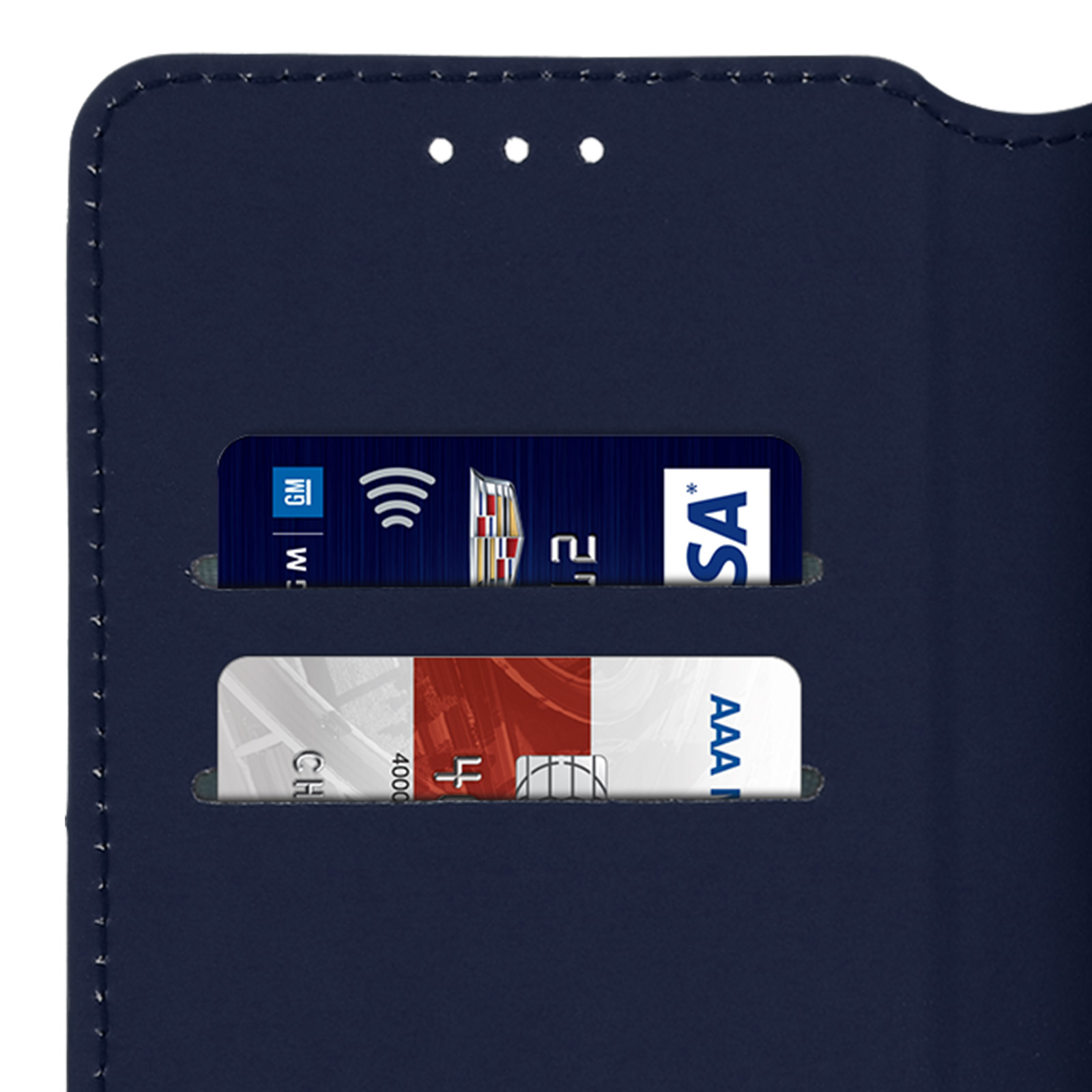 Custodia per telefono blu con due fessure per carte, con carte con loghi e testo.
