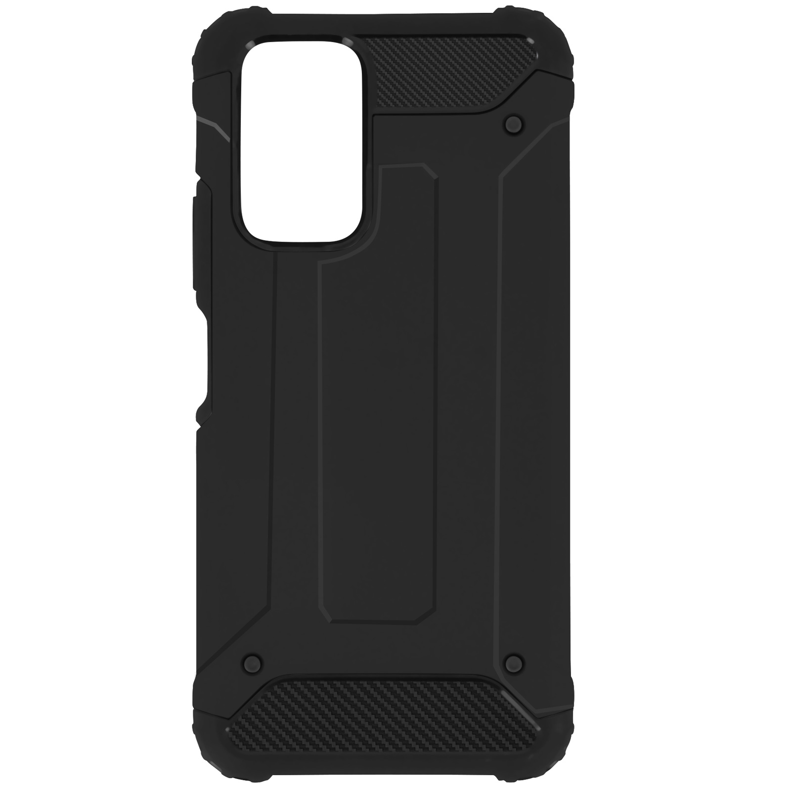 Custodia per telefono nera con un design strutturato. La custodia ha ritagli per fotocamera e pulsanti laterali.