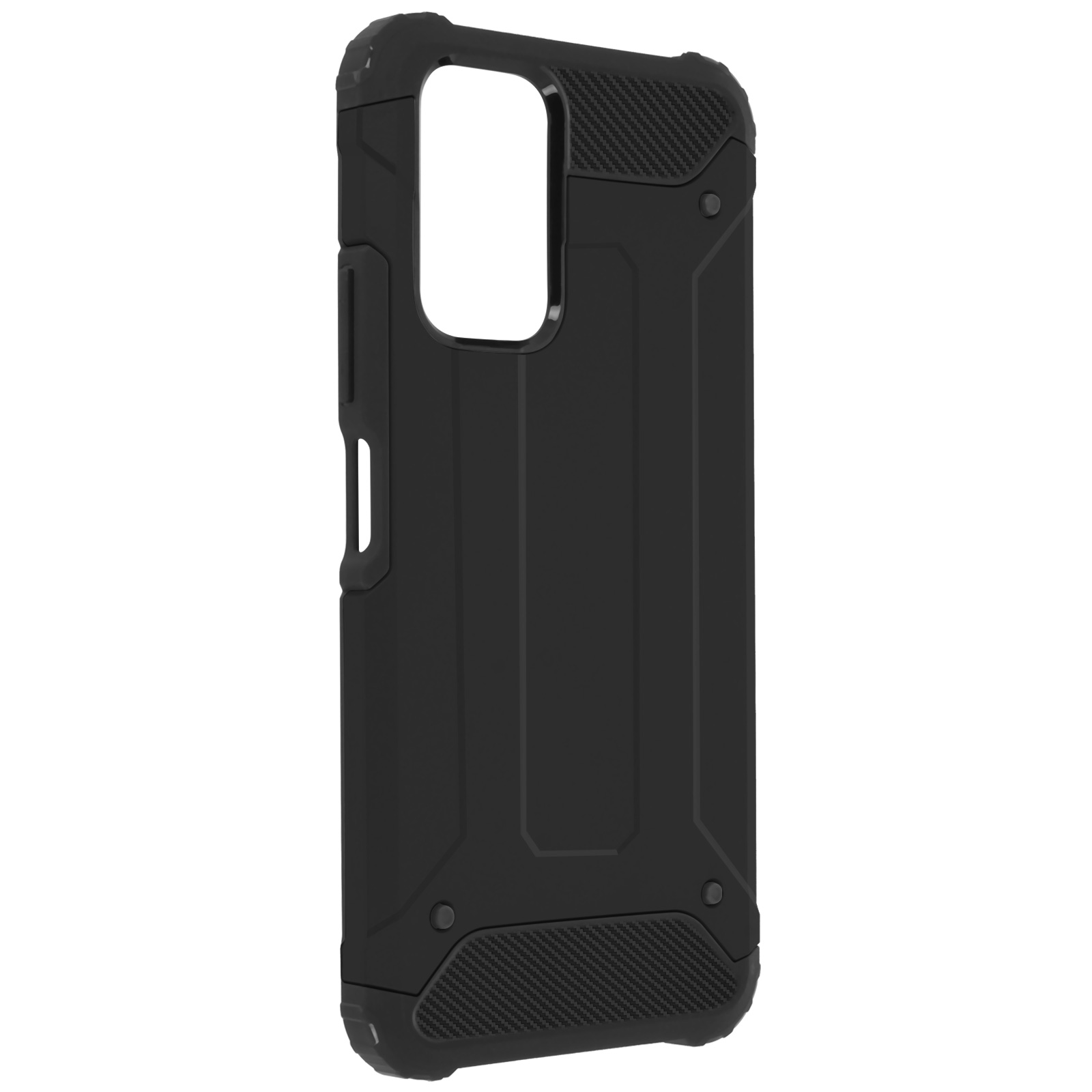 Una custodia nera per telefono con un design robusto, mostrata su sfondo bianco.