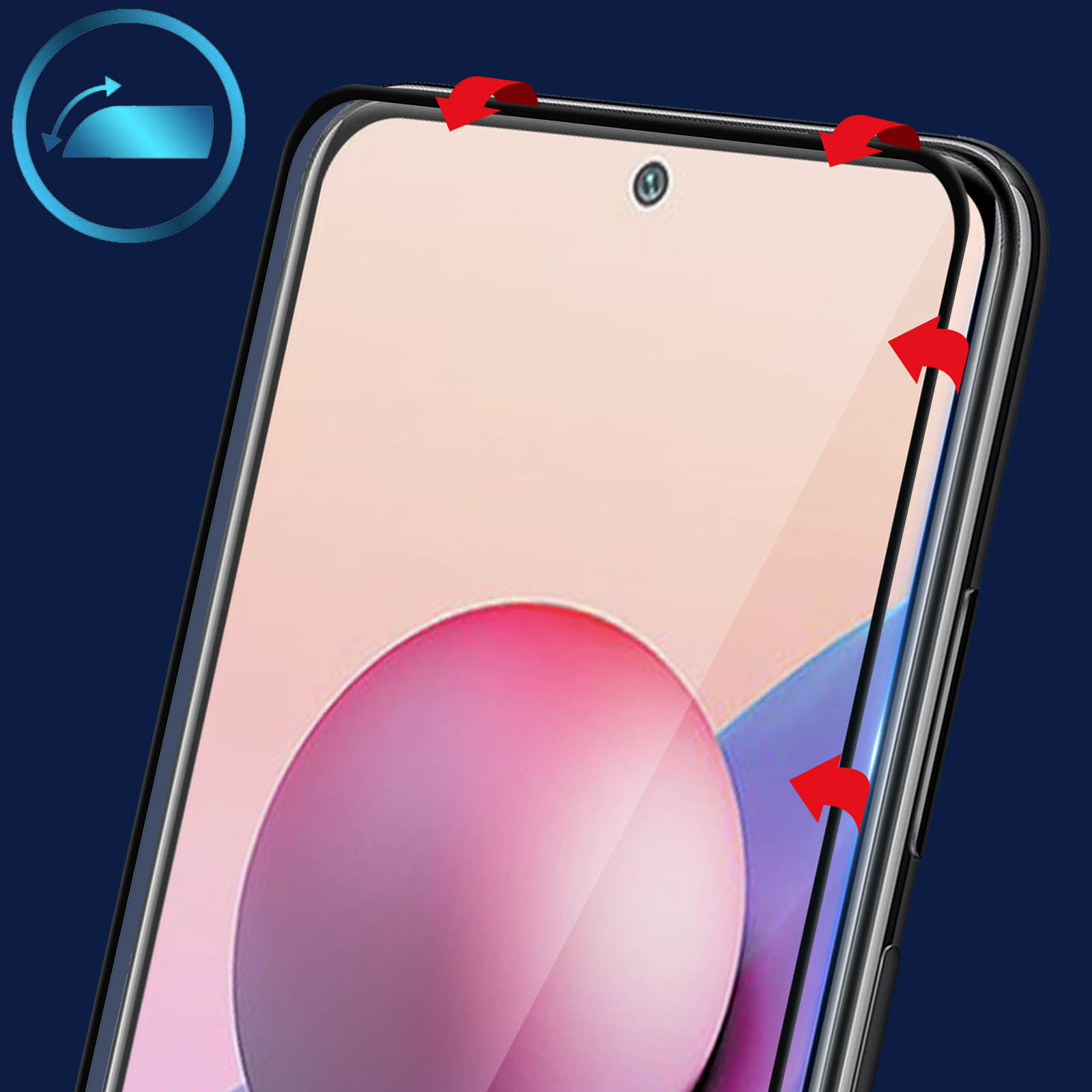 Un telefono con protezione schermo applicata. Frecce rosse indicano l'applicazione. Un'icona blu mostra la curva.