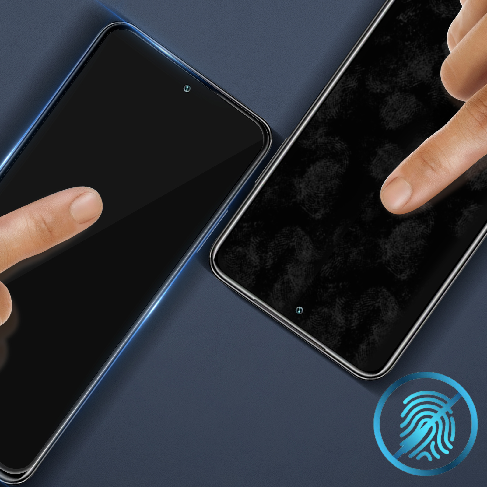 Due telefoni con schermi scuri. Le dita toccano gli schermi, uno con impronte digitali. Sfondo blu con icona impronta digitale.