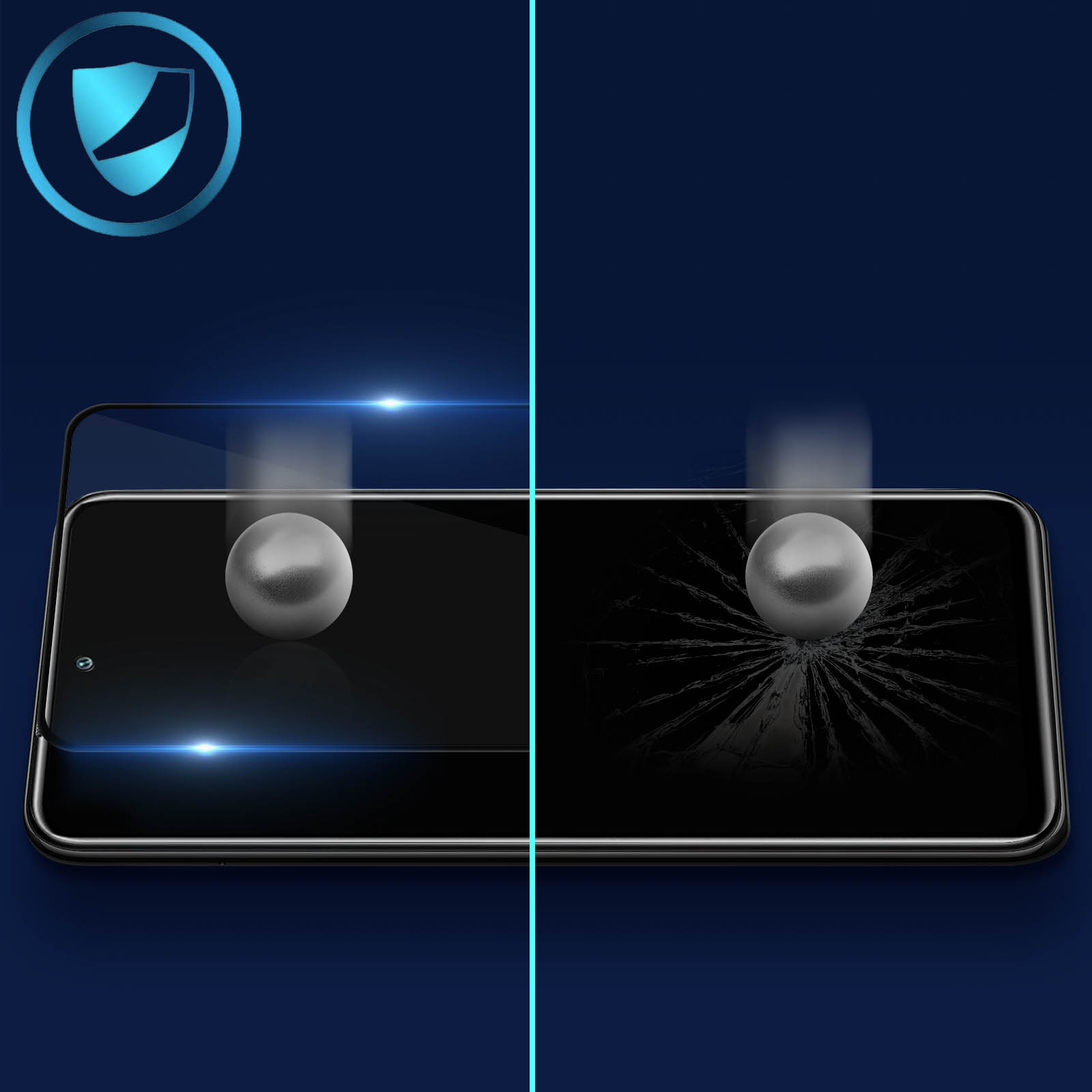 L'immagine mostra lo schermo di un telefono con uno strato protettivo. Una palla colpisce lo schermo, mostrando protetto vs. rotto.