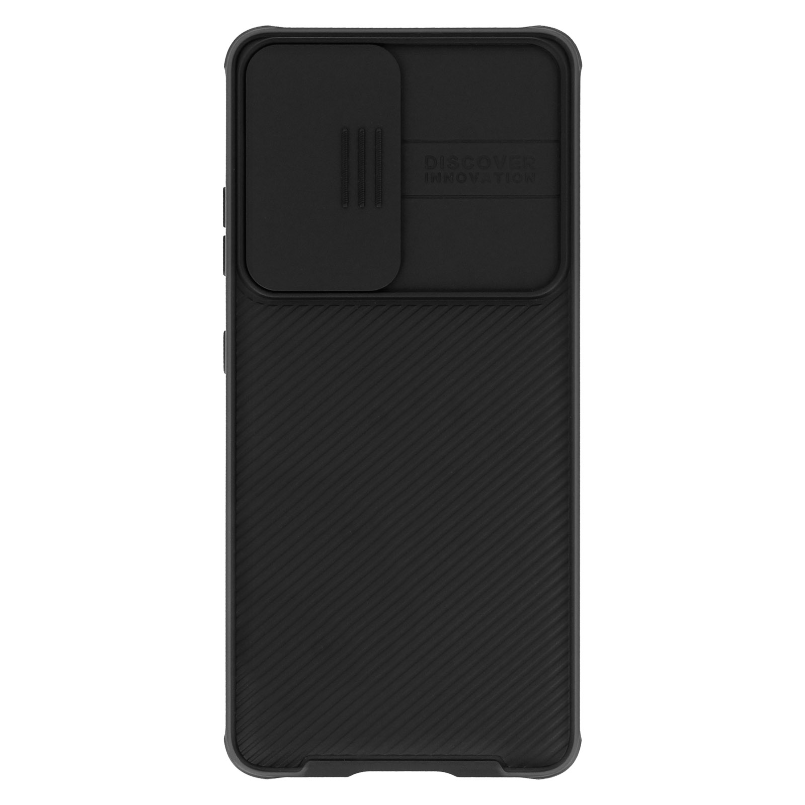 Custodia per telefono nera con copertura della fotocamera e le parole Discover Innovation.
