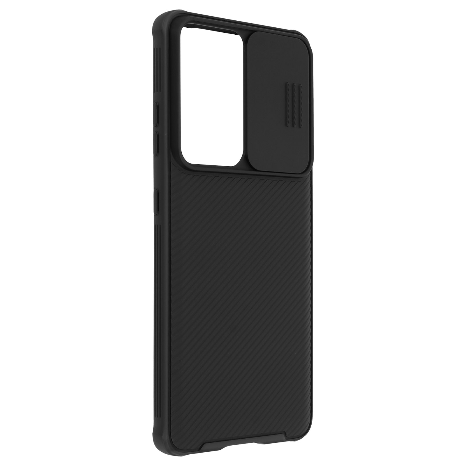 Custodia nera per telefono con copertura della fotocamera. La custodia ha un design strutturato.