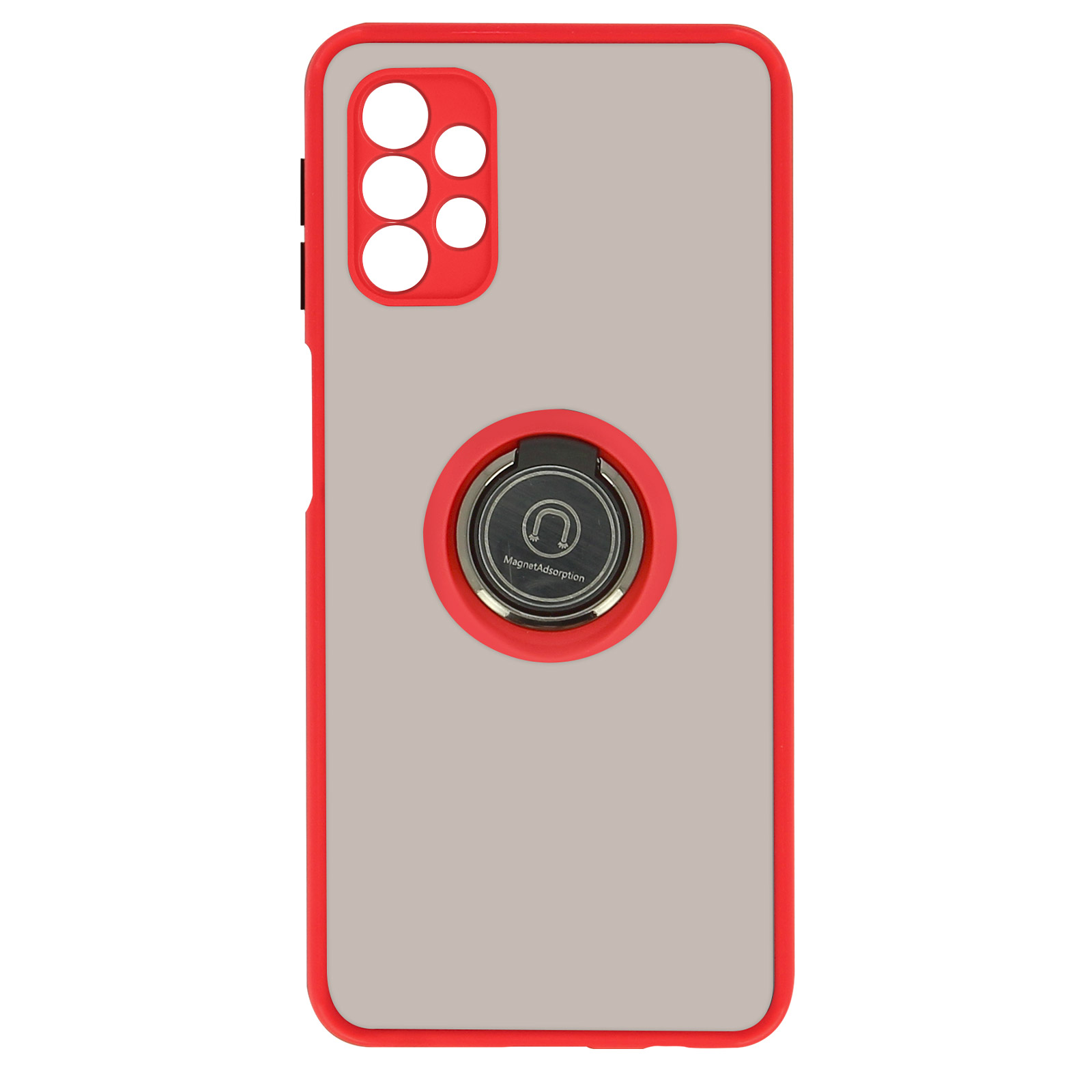 Een telefoonhoesje met een rood frame en een ringhouder.