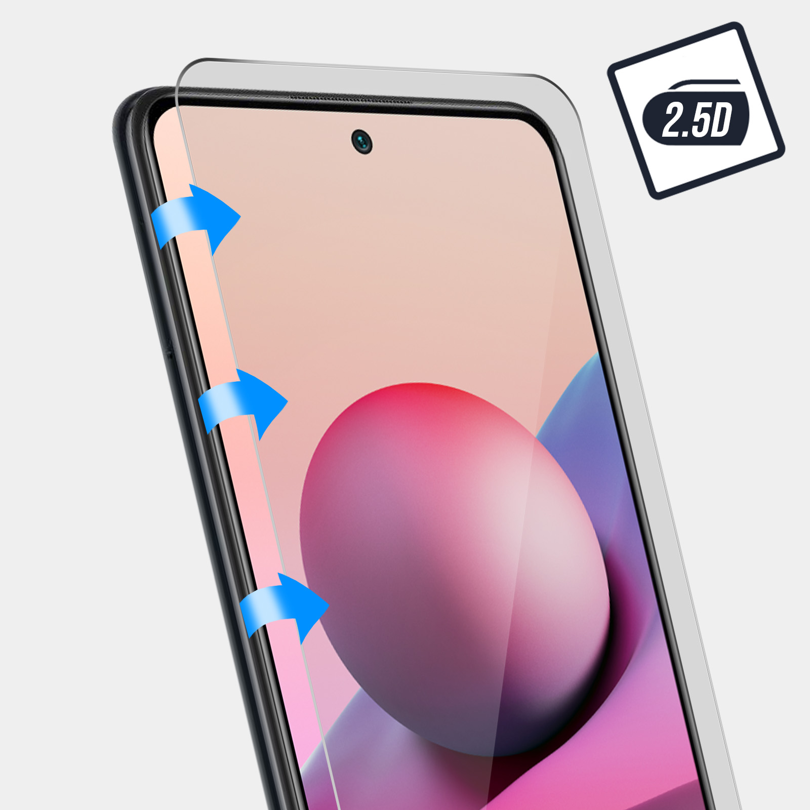 Schermo del telefono con un salvaschermo applicato. Frecce blu indicano l'applicazione.