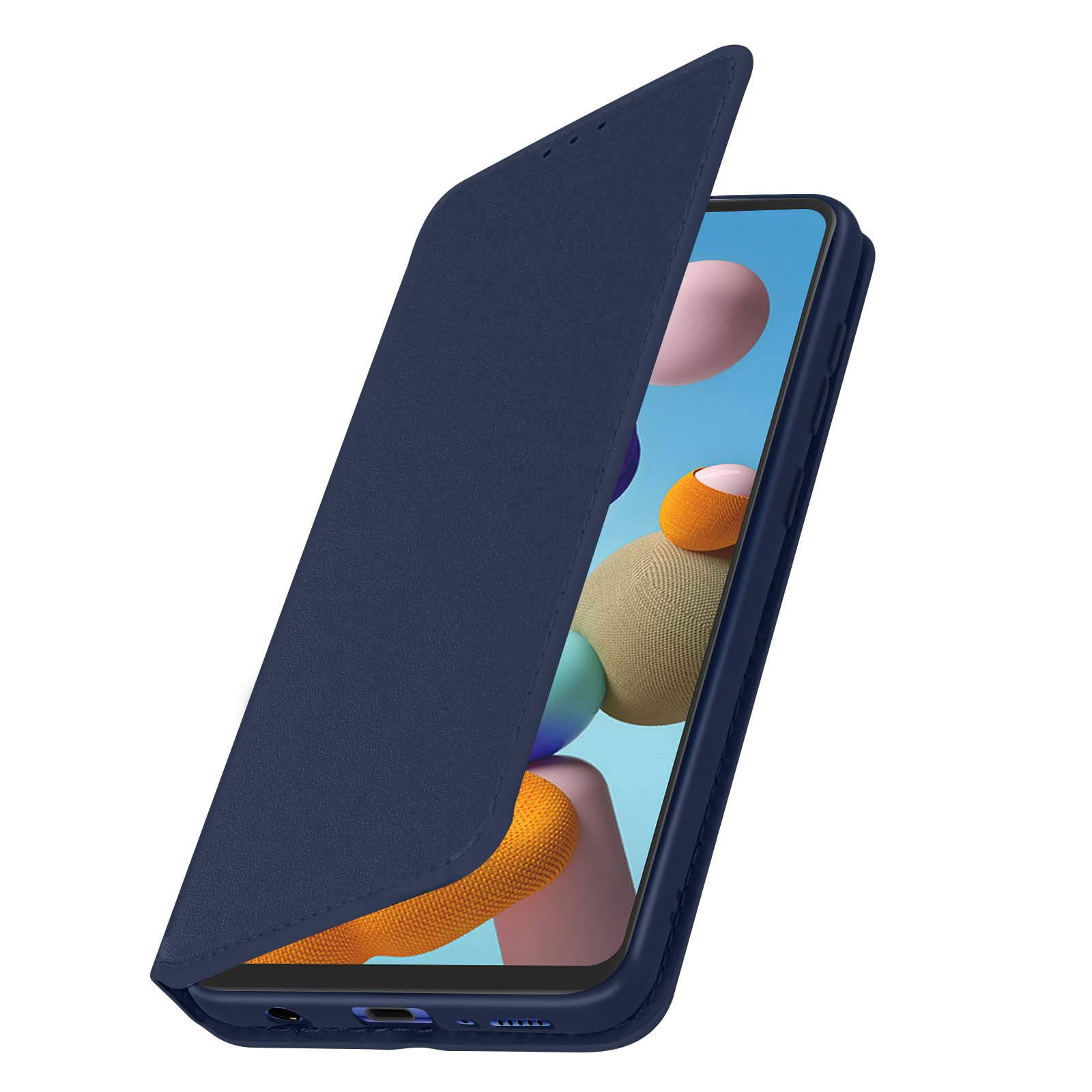 Étui de téléphone bleu avec couvercle ouvert et téléphone affichant image colorée.