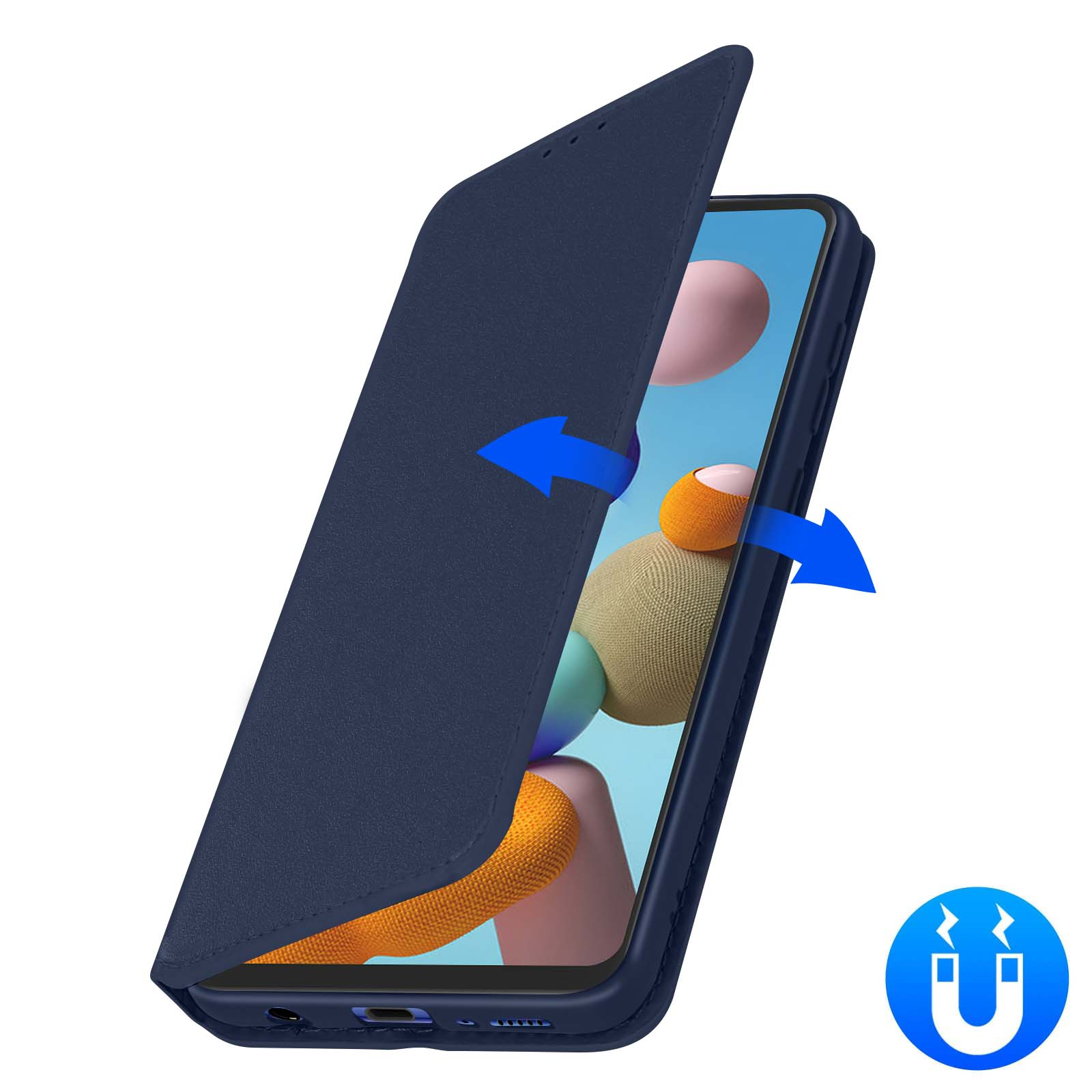 Étui de téléphone bleu ouvert, révélant un téléphone. Flèches indiquent l'ouverture. Symbole magnétique à droite.