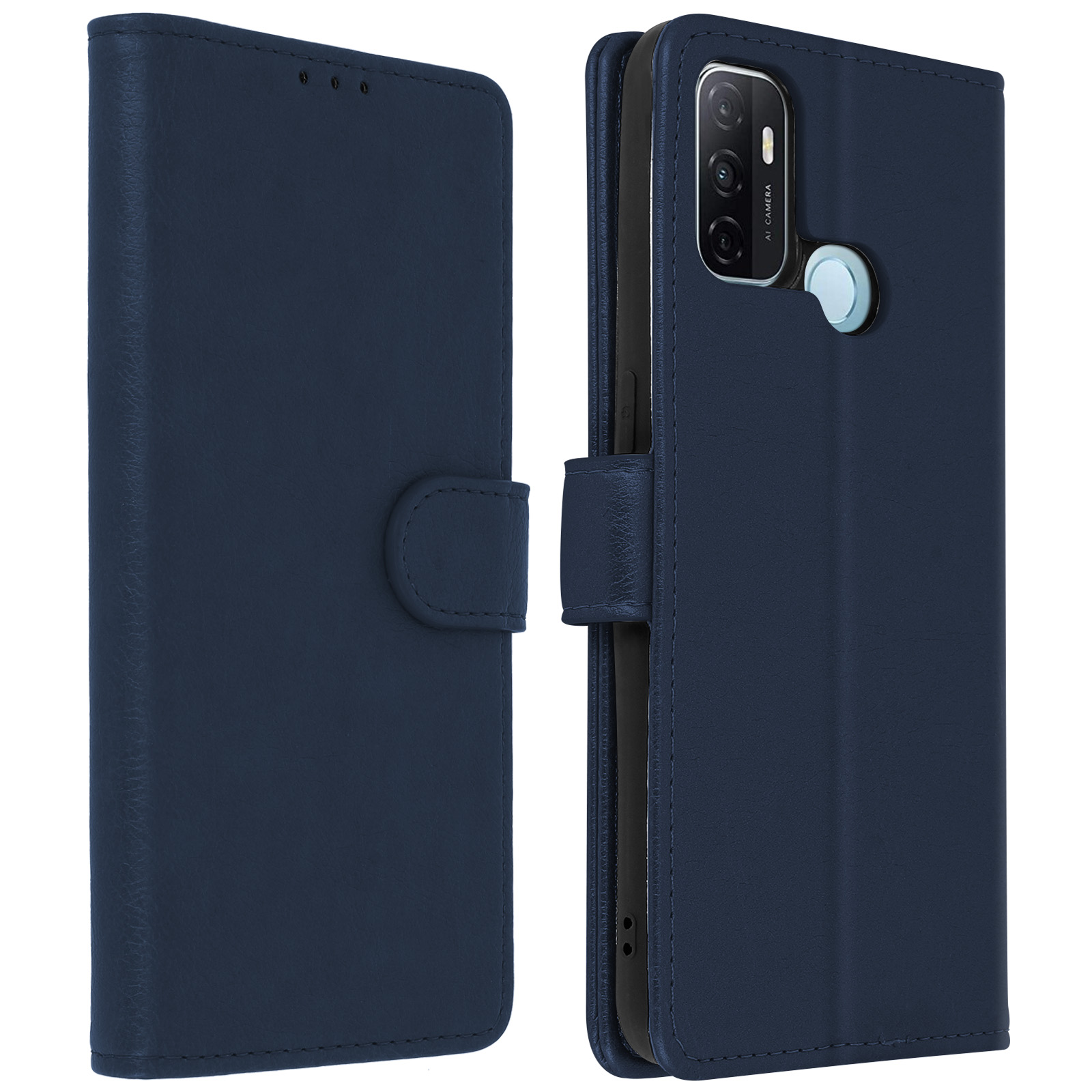 Étui de téléphone bleu marine, ouvert pour afficher le téléphone. L'étui a un bouton et une caméra.