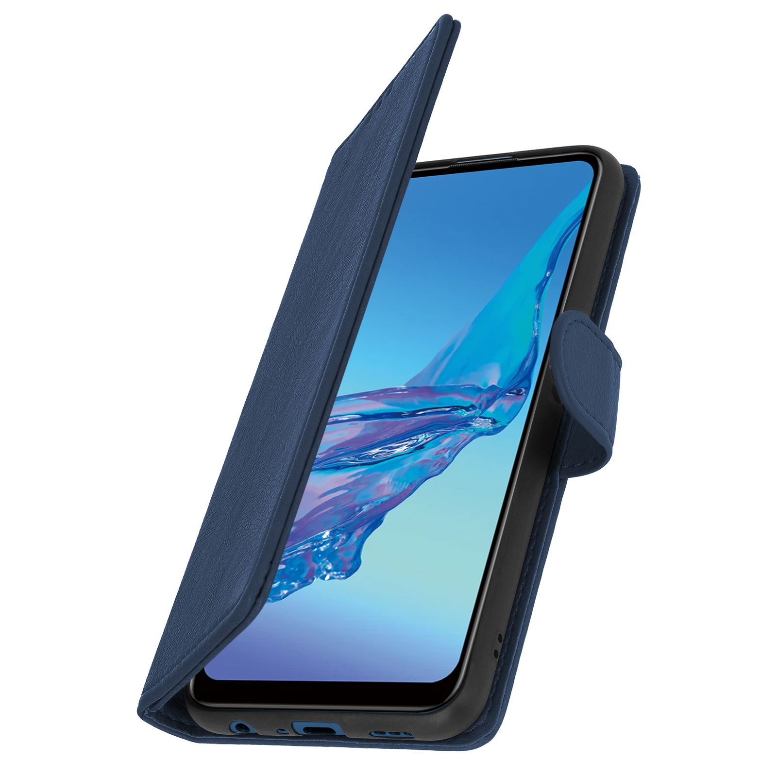 Blauwe telefoonhoes met een telefoon erin, licht geopend. Witte achtergrond.