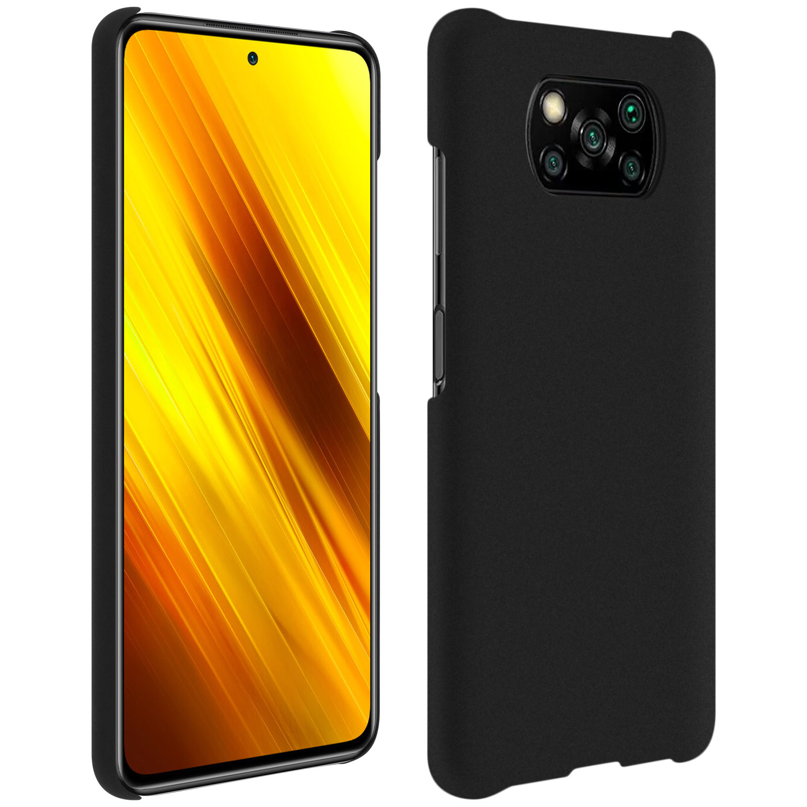Schwarzes Telefon, gelber Bildschirm. Rückseite schwarz mit Kameraanordnung. Weißer Hintergrund.