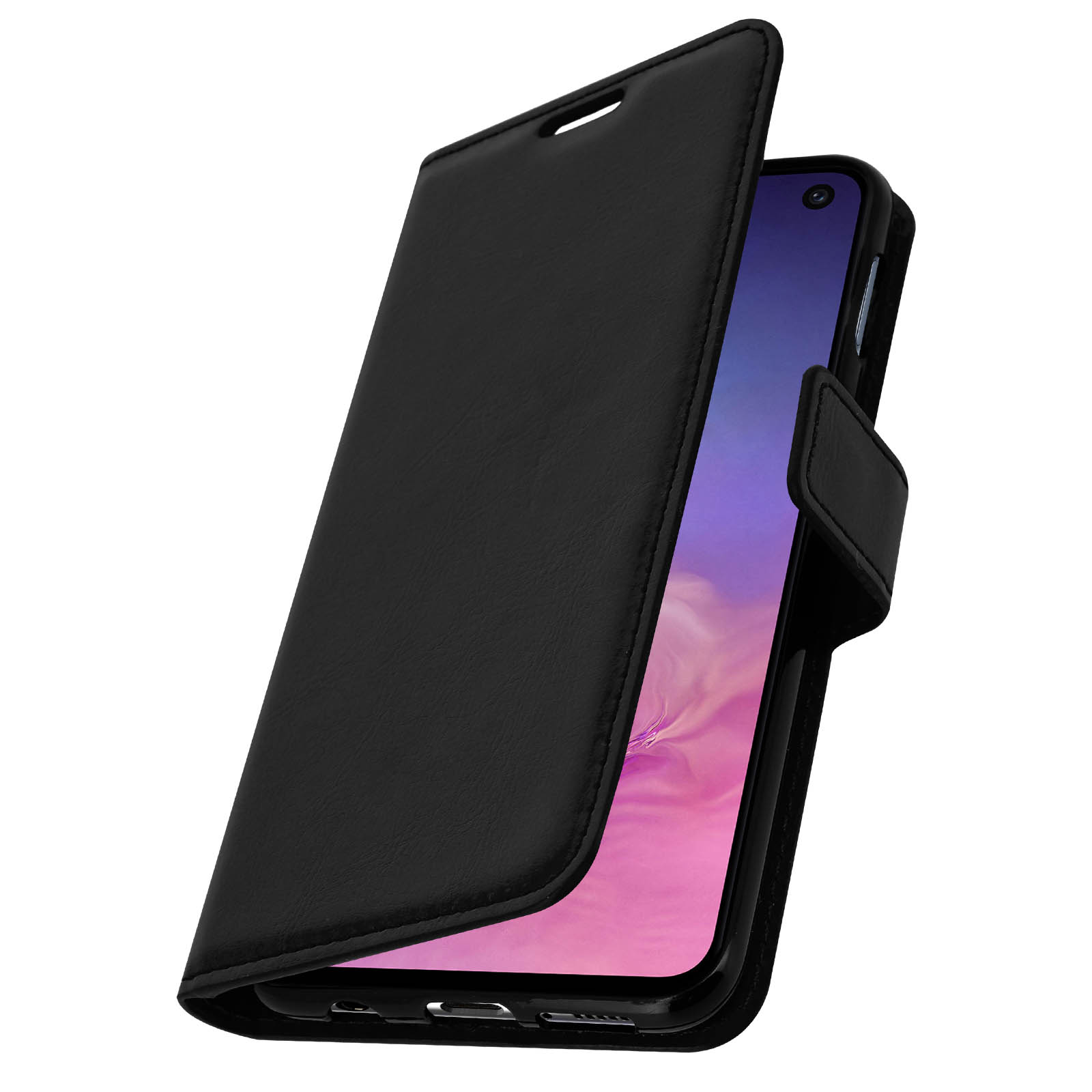 Eine schwarze Handyhülle mit einem Smartphone darin, die Hülle ist geöffnet.
