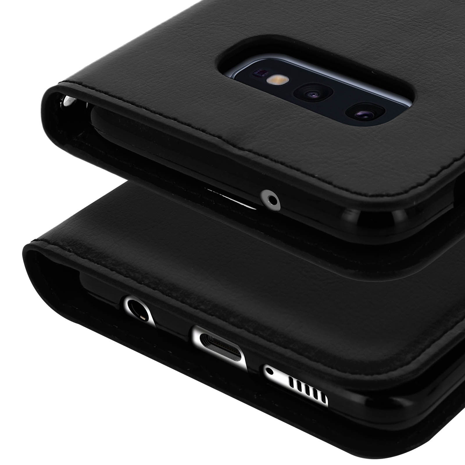 Schwarze Handyhülle mit einem Telefon darin. Lederstruktur. Das Telefon hat 2 Kameras.