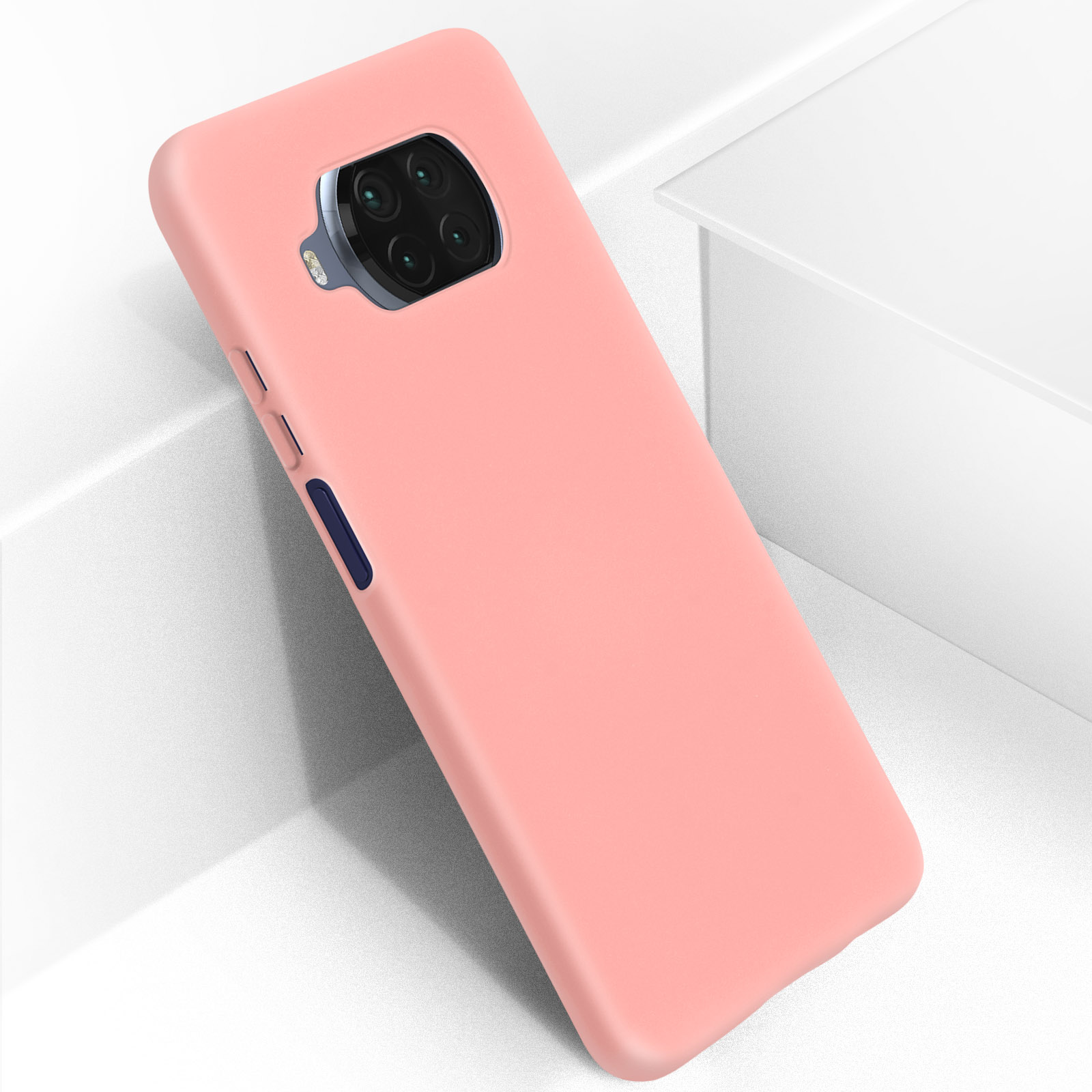Custodia rosa per telefono con telefono all'interno, che mostra lenti della fotocamera e superficie liscia.