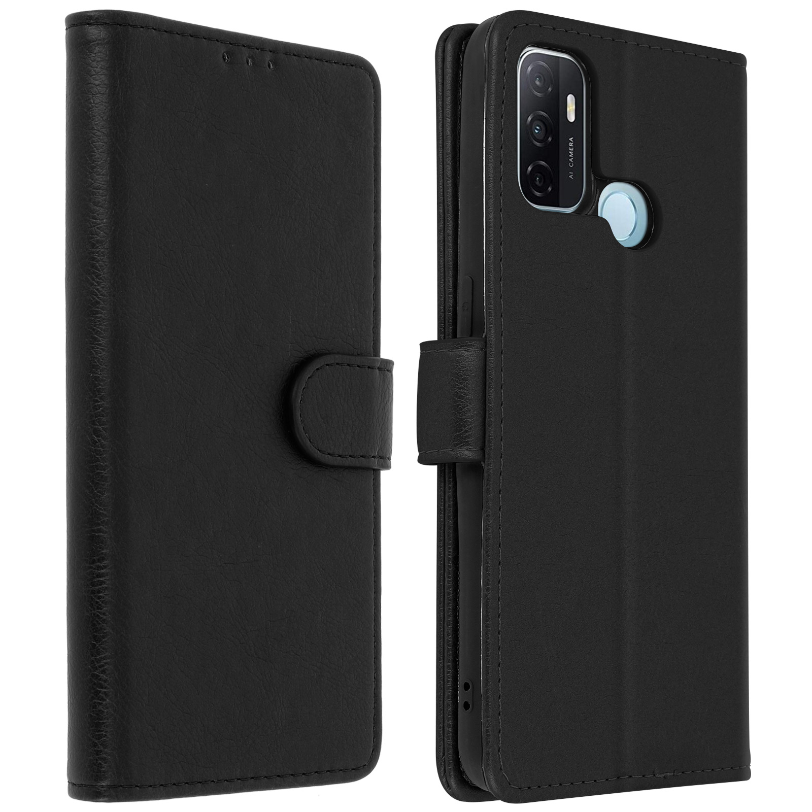 Coque de téléphone noire, ouverte. Téléphone à l'intérieur. La coque a un fermoir.