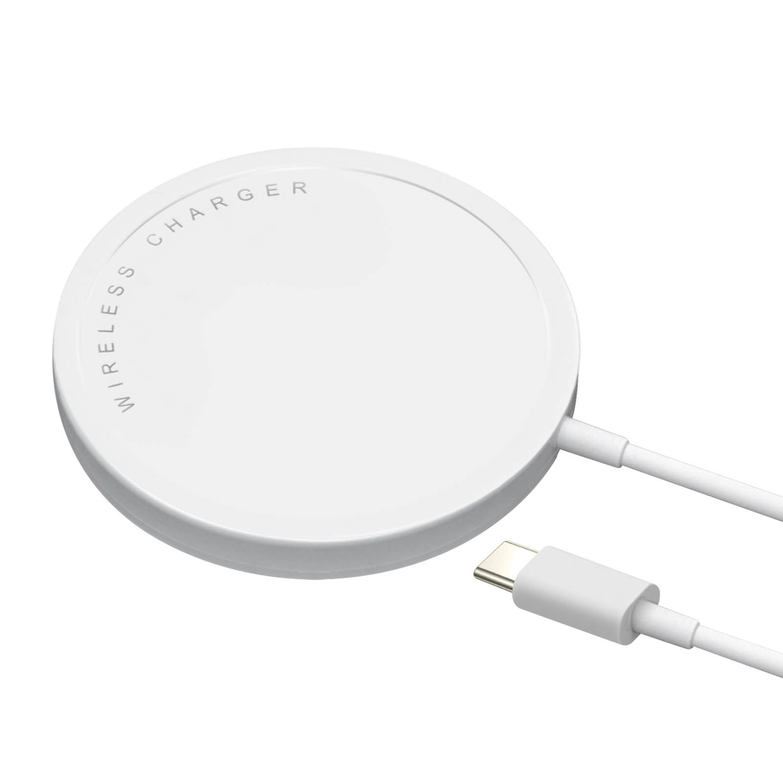 Weißes kabelloses Ladegerät mit weißem Kabel und USB-C-Anschluss.