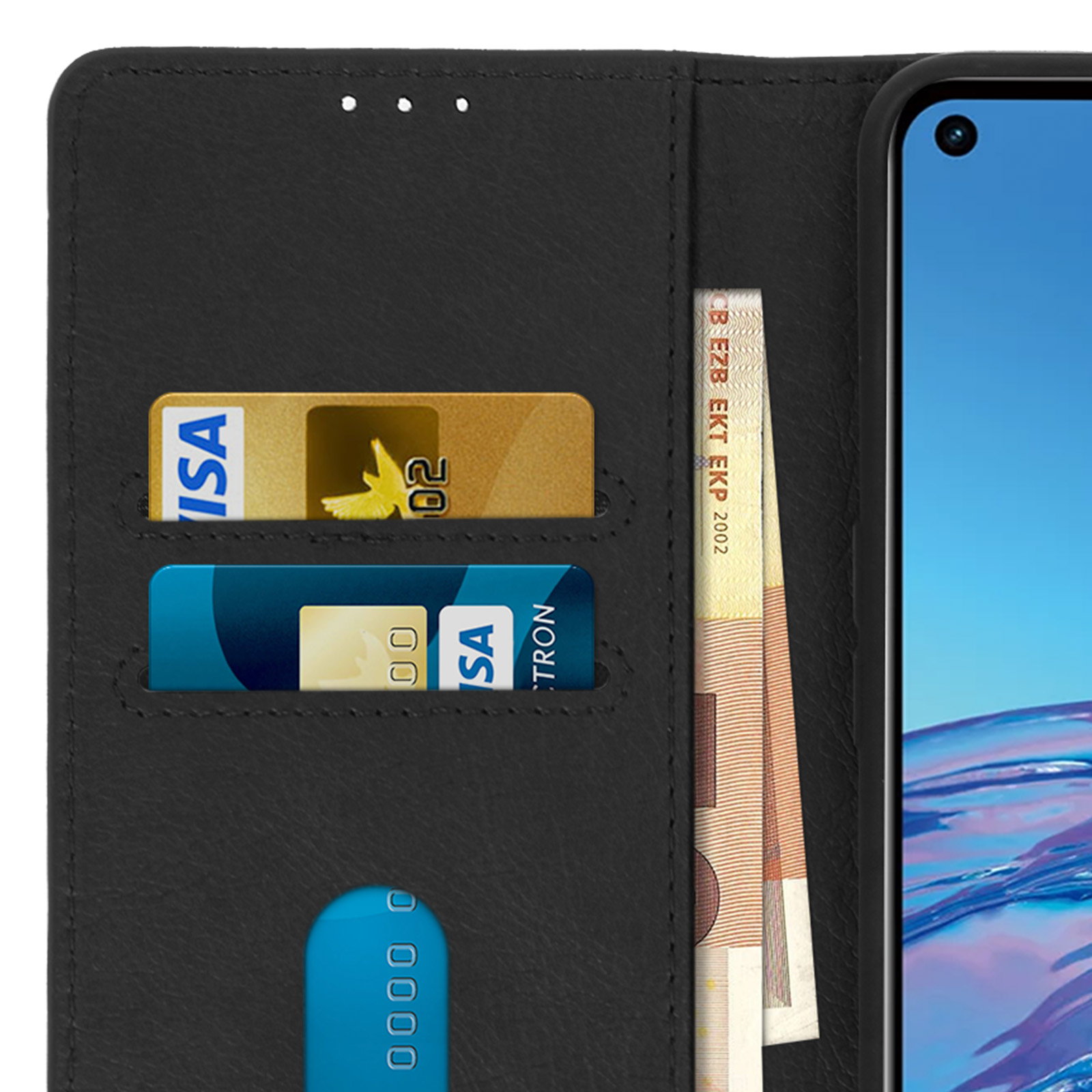 Étui de téléphone avec cartes et argent à l'intérieur. Ouvert, montrant l'écran. Cuir noir.
