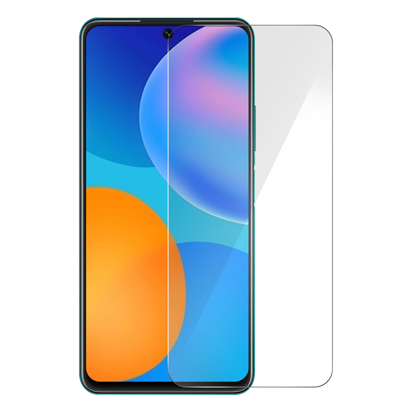 Schermo di smartphone con protezione, che mostra forme astratte colorate. La protezione è trasparente. Cornice verde.