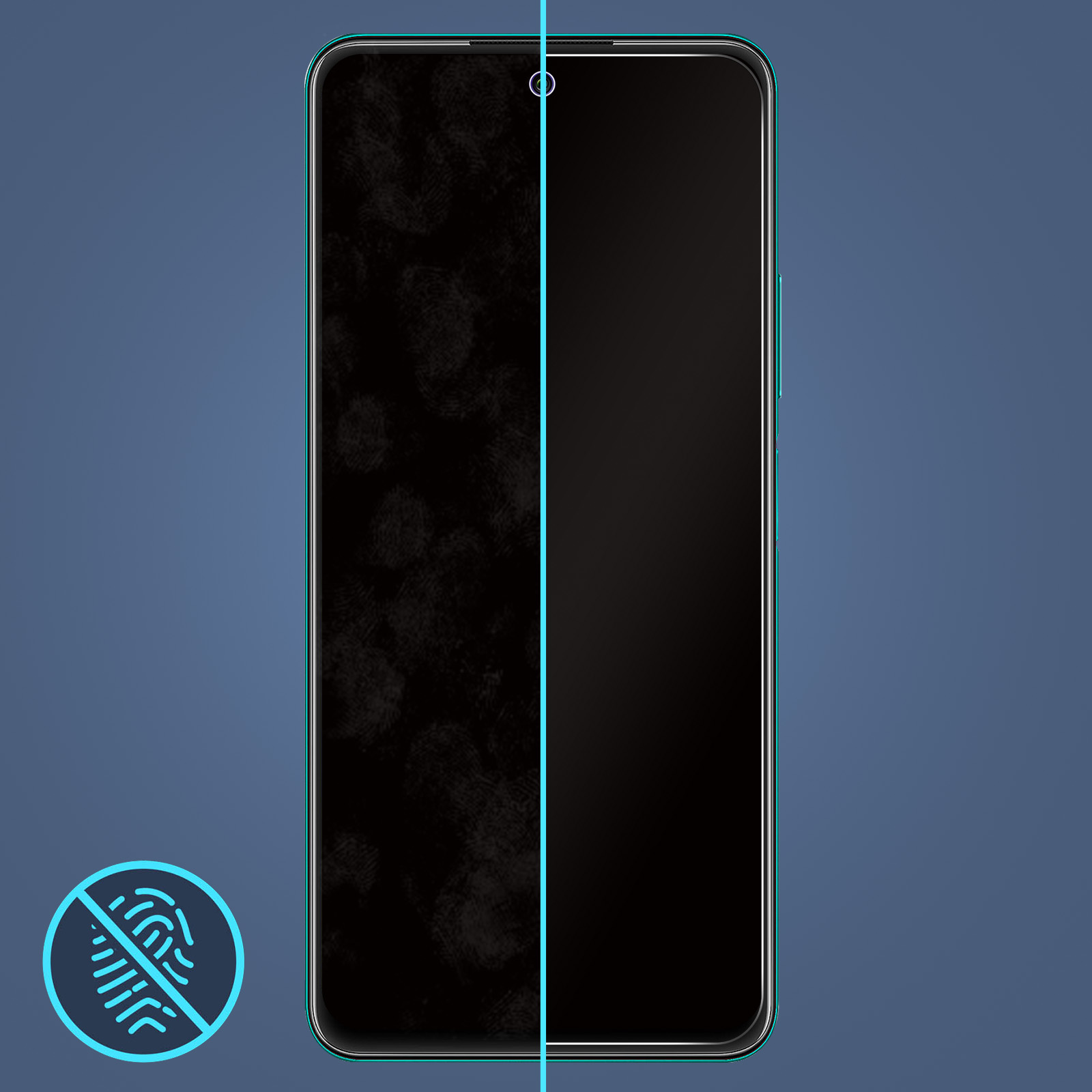 Schermo di smartphone diviso. Un lato mostra impronte digitali, l'altro è pulito. Simbolo anti-impronte digitali in basso.