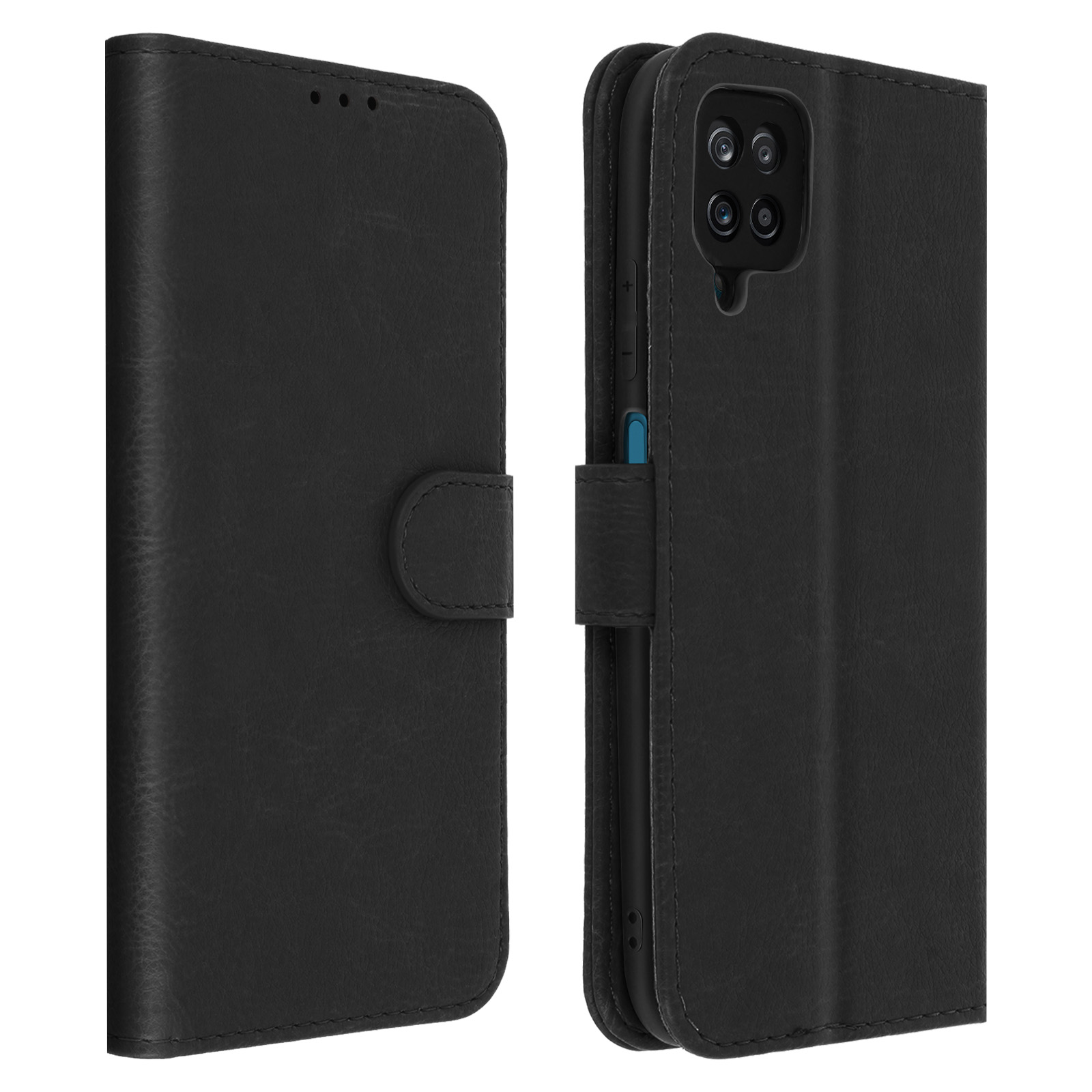 Eine schwarze Handyhülle, offen, die ein schwarzes Telefon zeigt. Die Hülle hat einen Knopfverschluss.