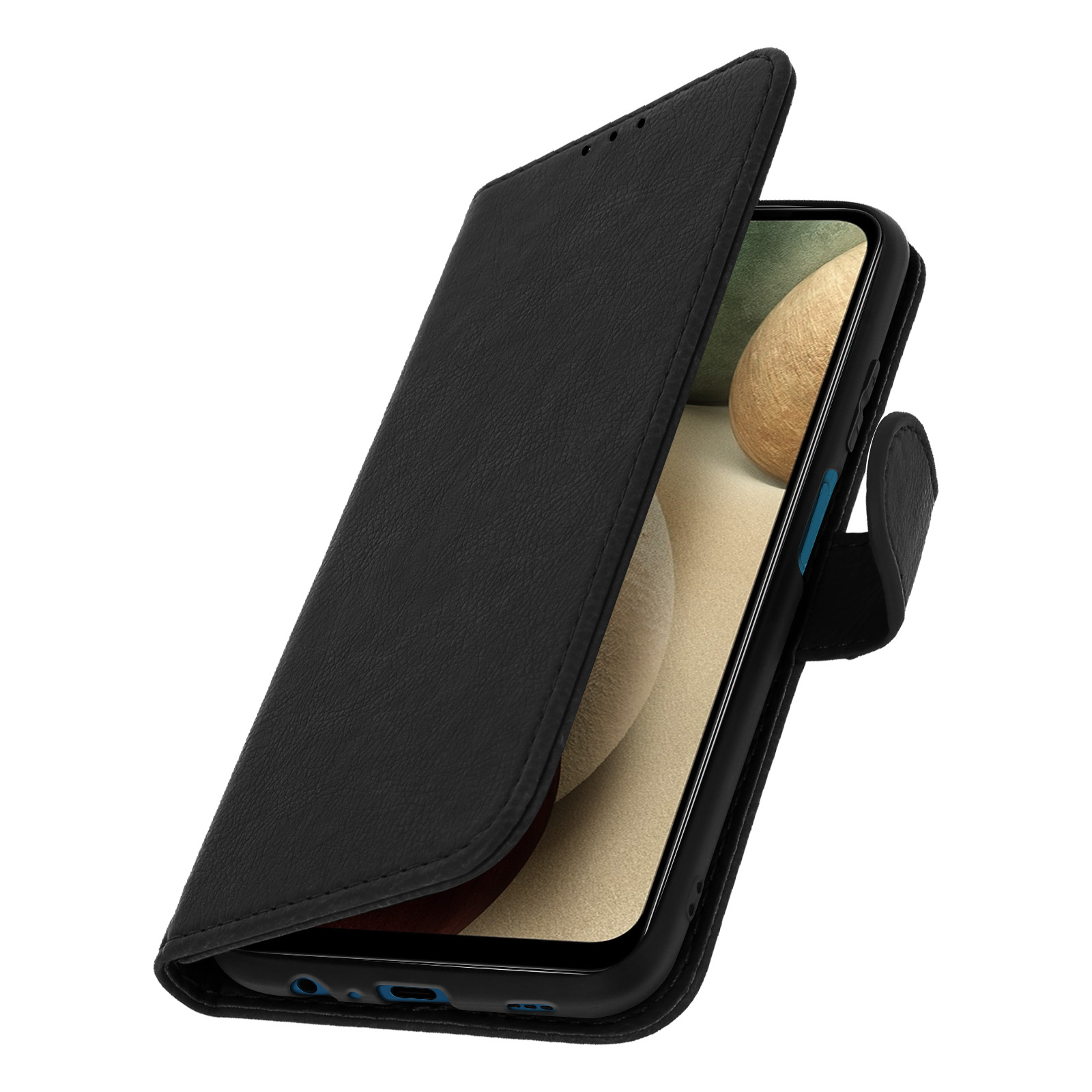 Eine schwarze Handyhülle ist geöffnet und zeigt einen Telefonbildschirm.